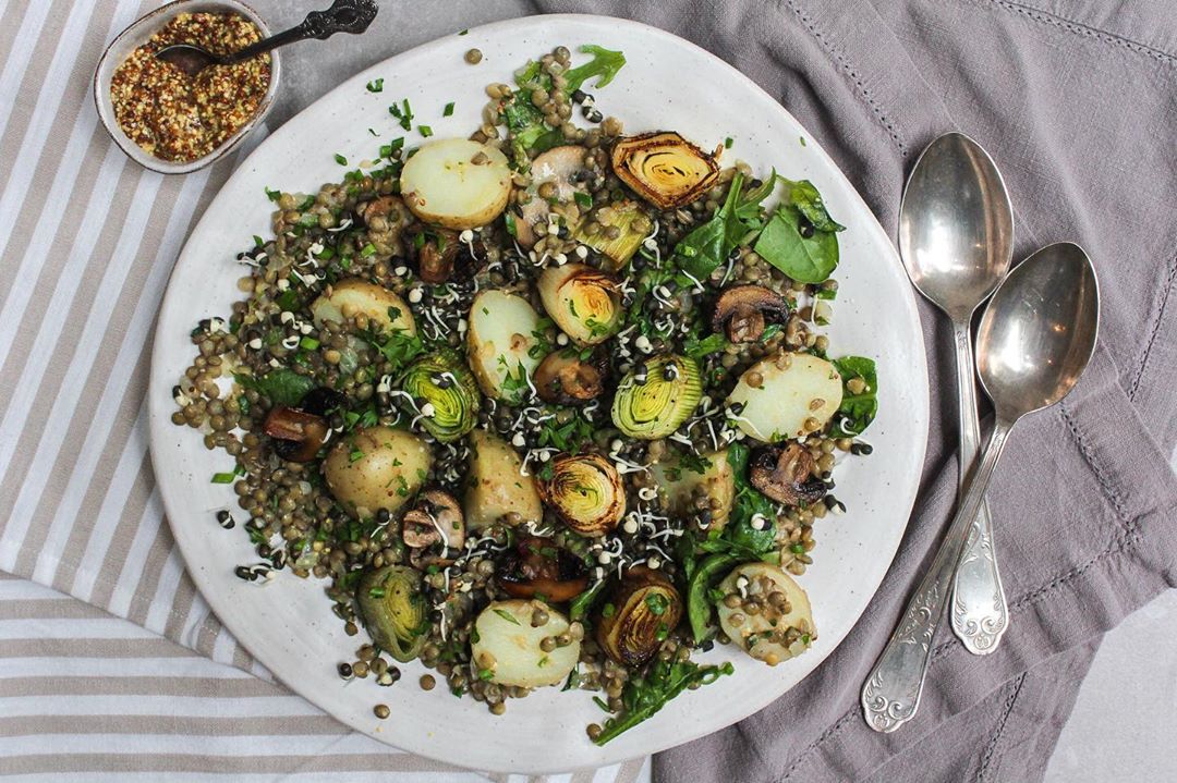 Warm Lentils with Boiled Baby New Potatoes, Roasted Leeks & Mushrooms