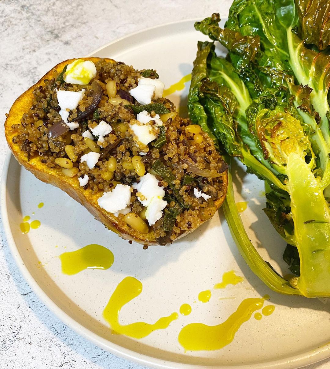 Roast Butternut Squash Stuffed with Quinoa, Sage, Pine Nuts and Feta