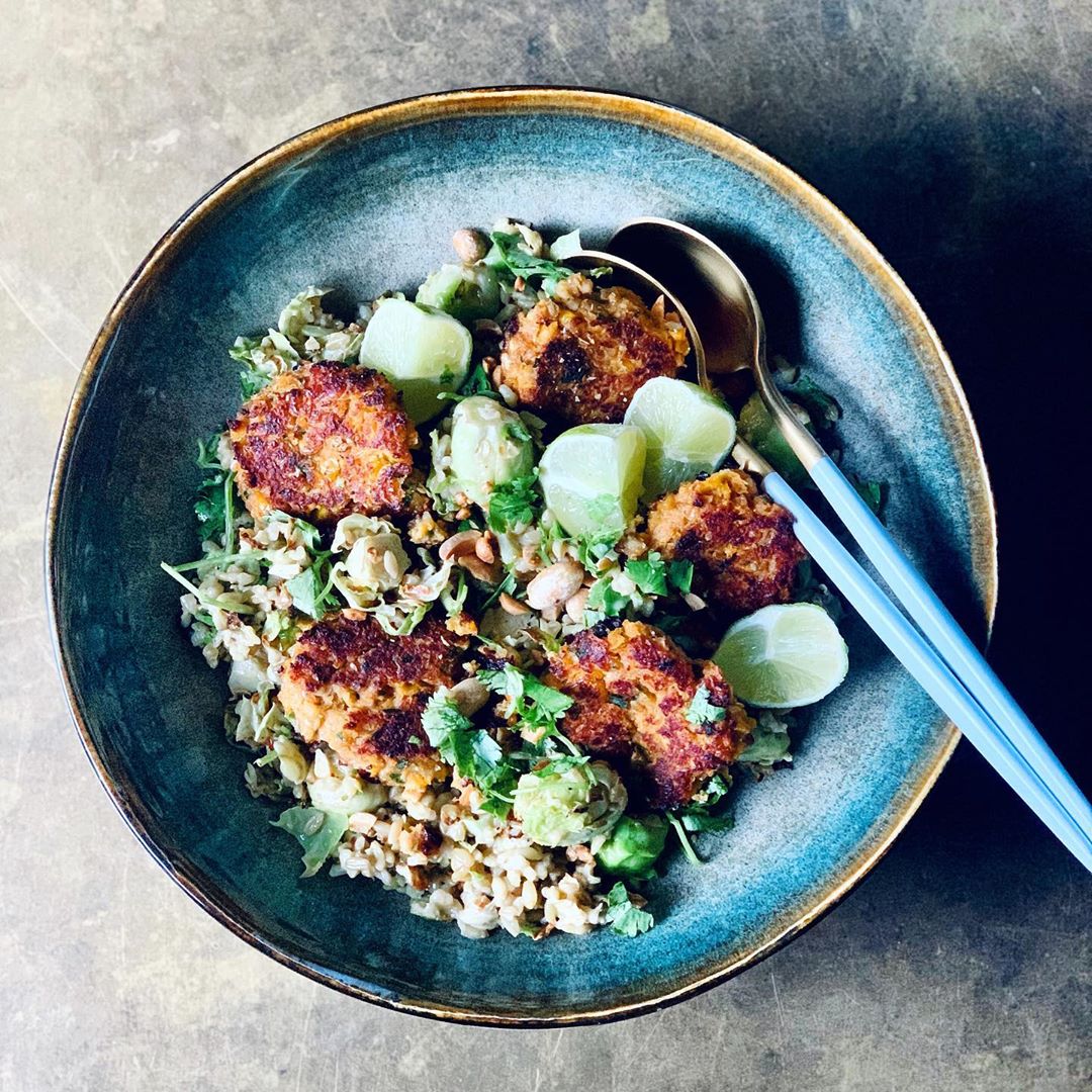 Brussels Sprout and Freekeh Salad with Bean Fritters