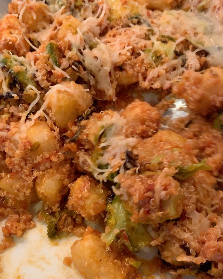 Cauliflower Gnocchi, Quinoa and Brussels Sprouts Bake