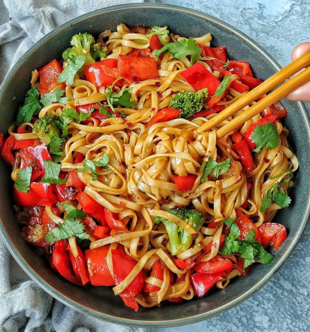 Udon Noodles with Broccoli and Bell Peppers