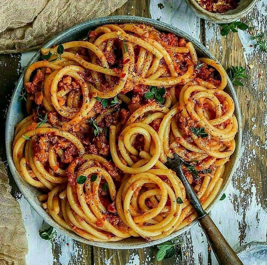 Bucatini with Vegan Bolognese Sauce