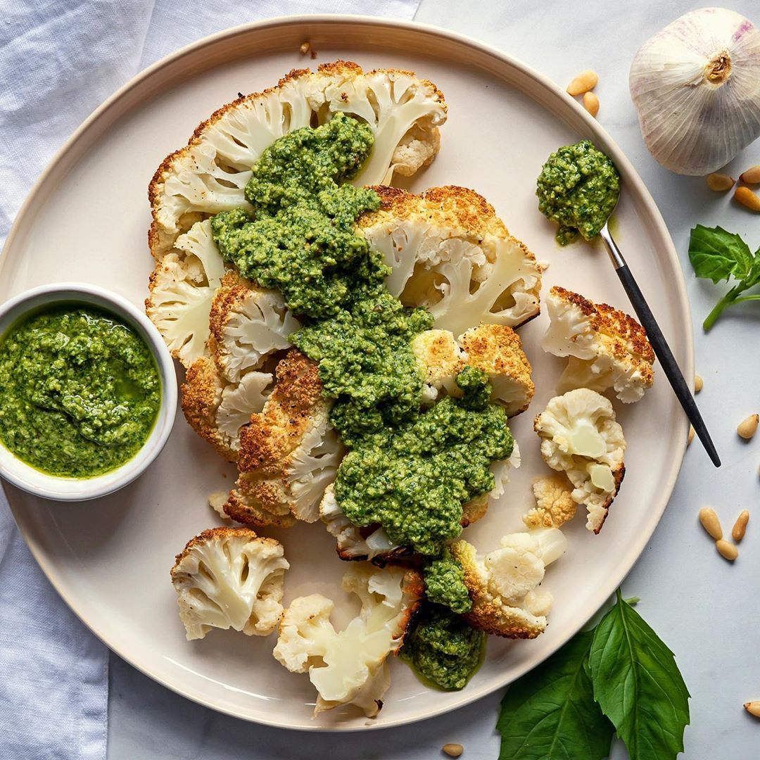 Roasted Cauliflower Steaks W/ Pesto