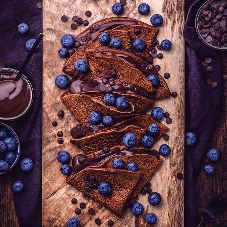 Chocolate Crepes with Pudding and Blueberries