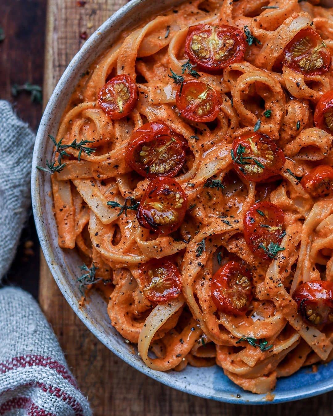 Sloppy, creamy cashew tomato pasta