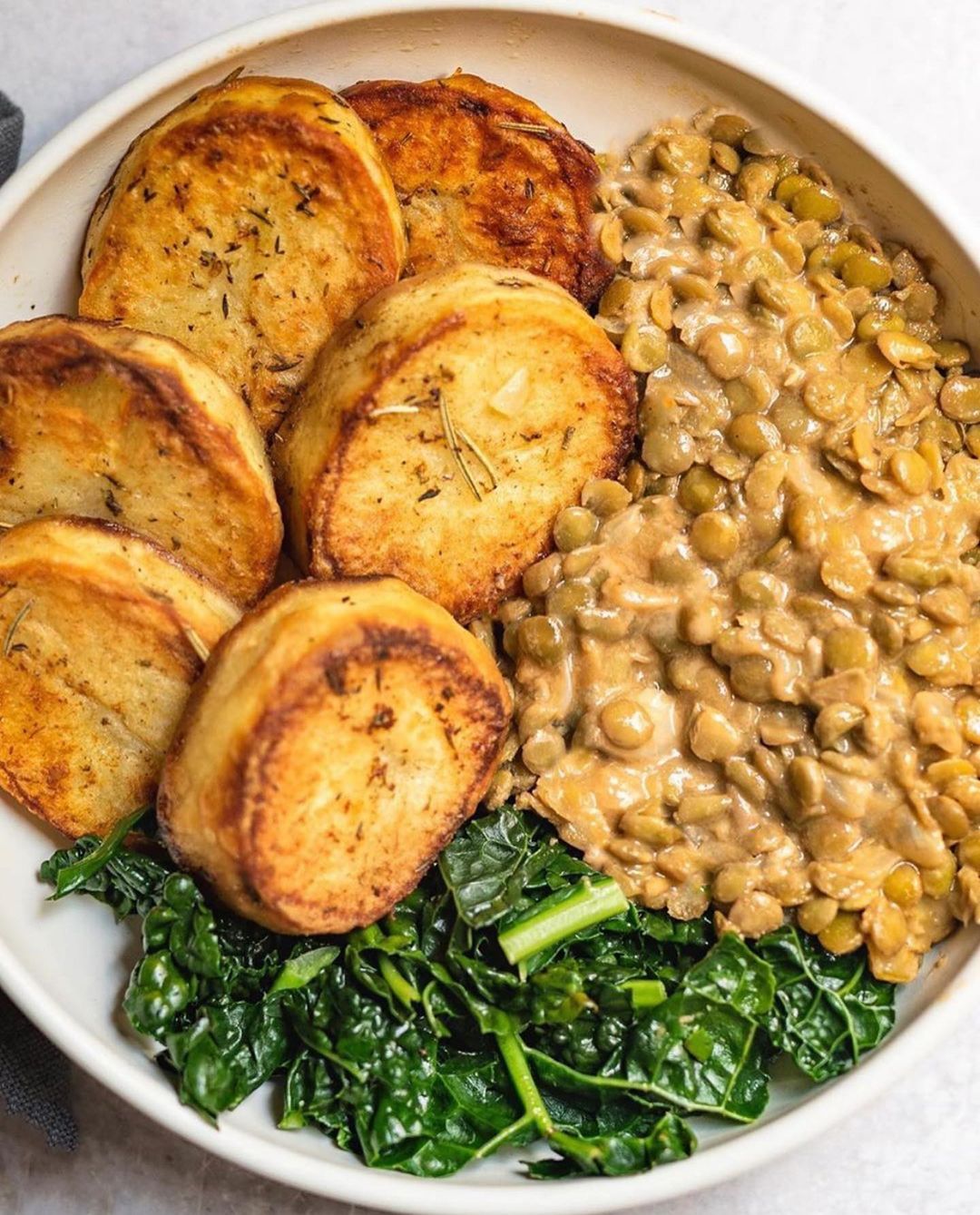 Creamy Tahini Lentils, Crispy Roasted Potatoes and Garlicky Kale