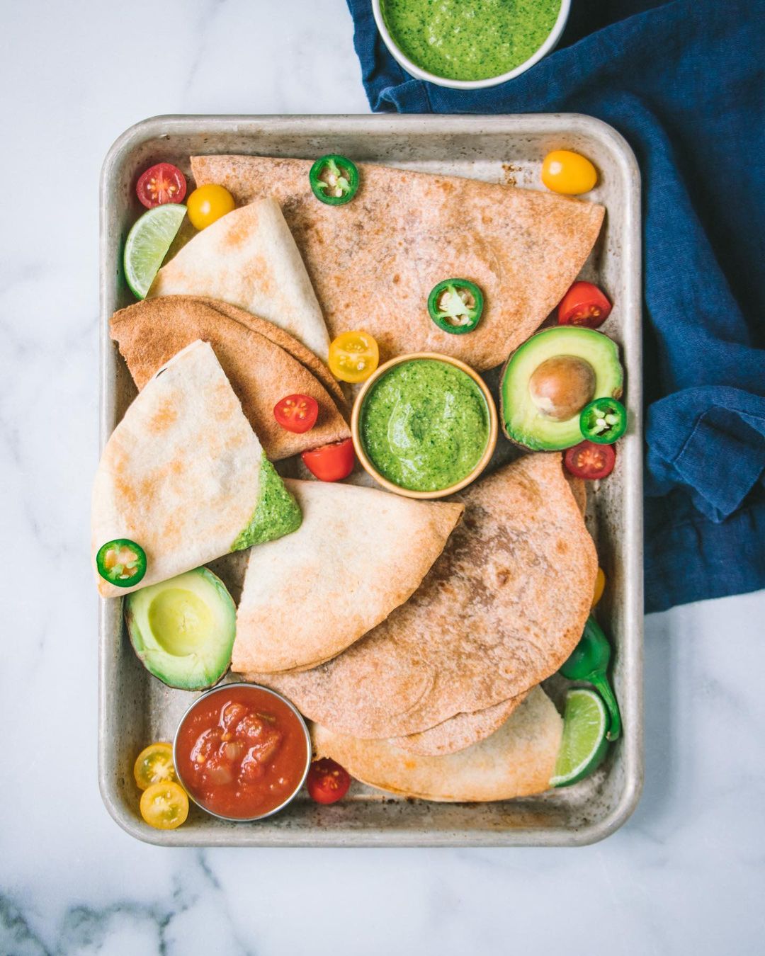 Sheet Pan Quesadillas with Creamy Cilantro Pesto