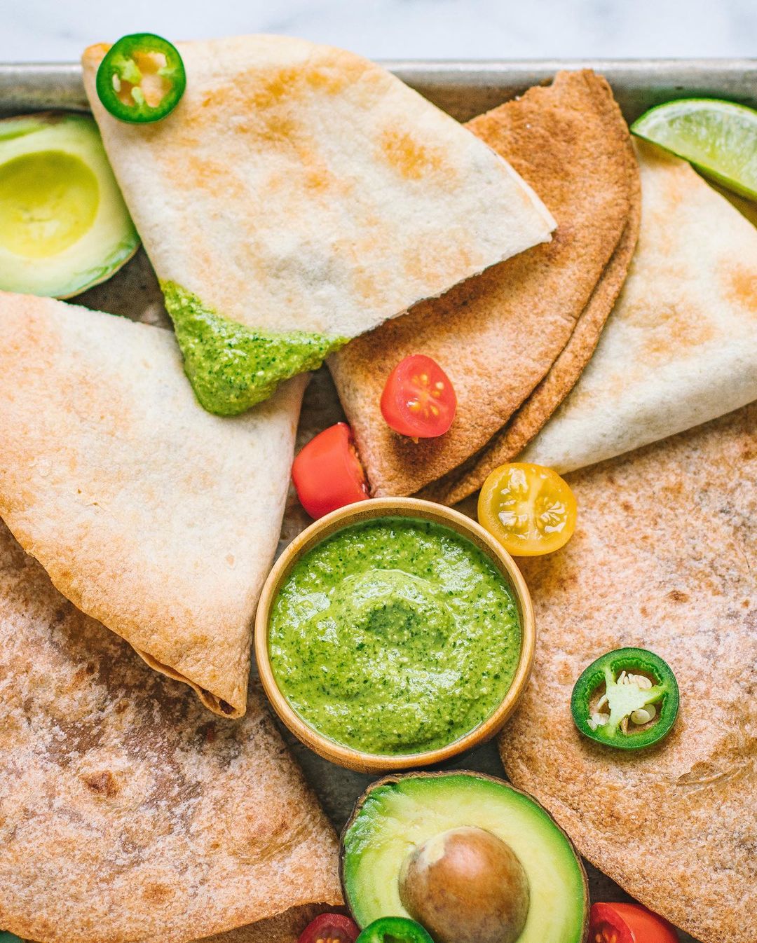 Sheet Pan Quesadillas with Creamy Cilantro Pesto