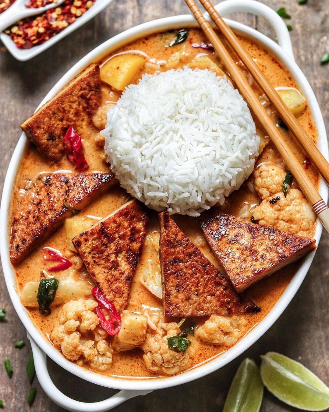 Red Cauliflower and Potato Curry with Crispy Tofu Triangles