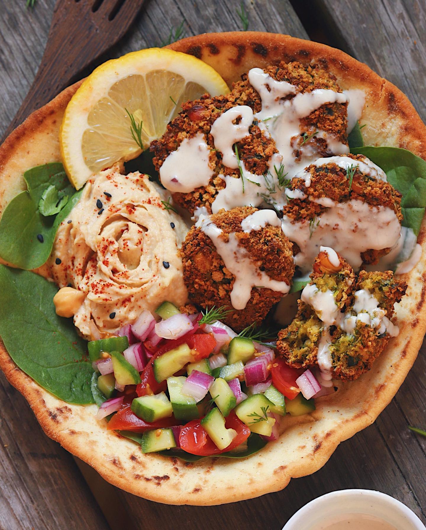 Air-Fried Herby Falafels in Pocketless Pita Bowl