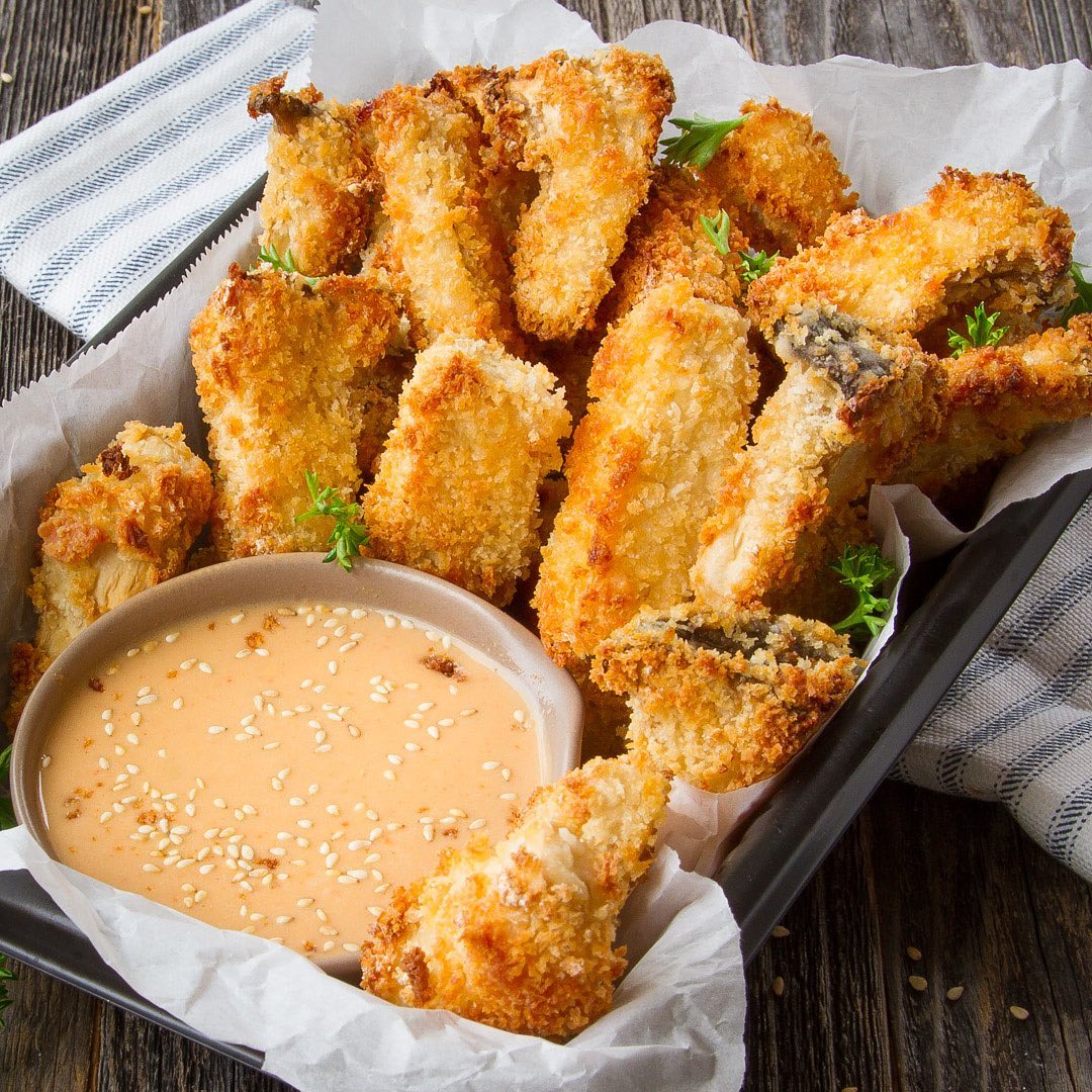 Crispy Oven-Baked Mushrooms with Spicy Tahini Dip