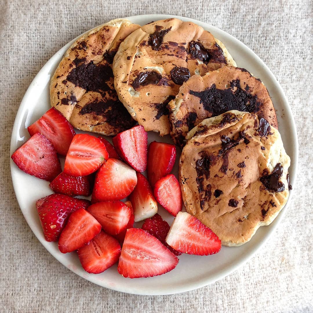 Banana Bread Pancakes with Chocolate & Strawberries