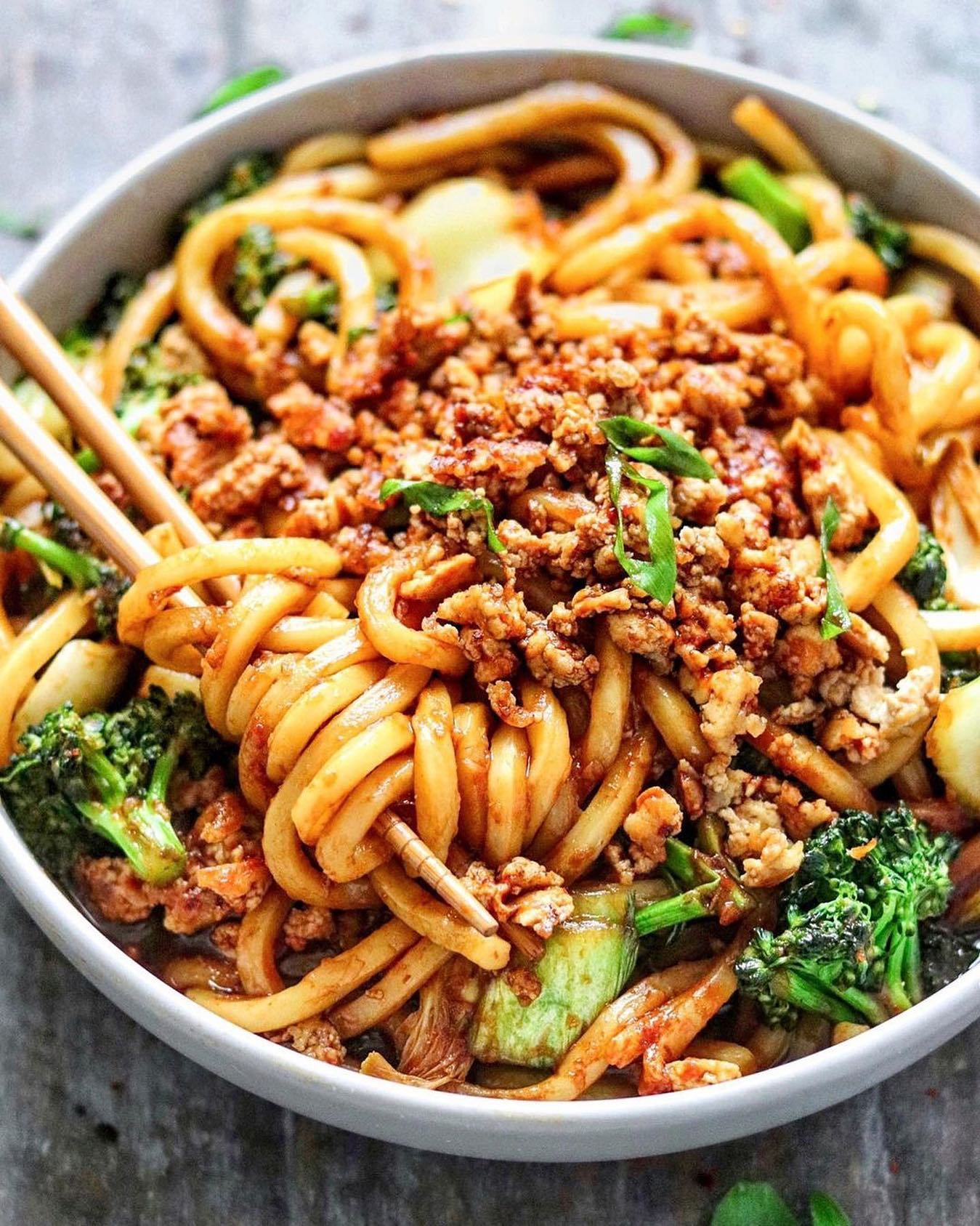 Saucy Udon Noodles with Crispy Tofu Crumbles, Broccoli and Bok Choy