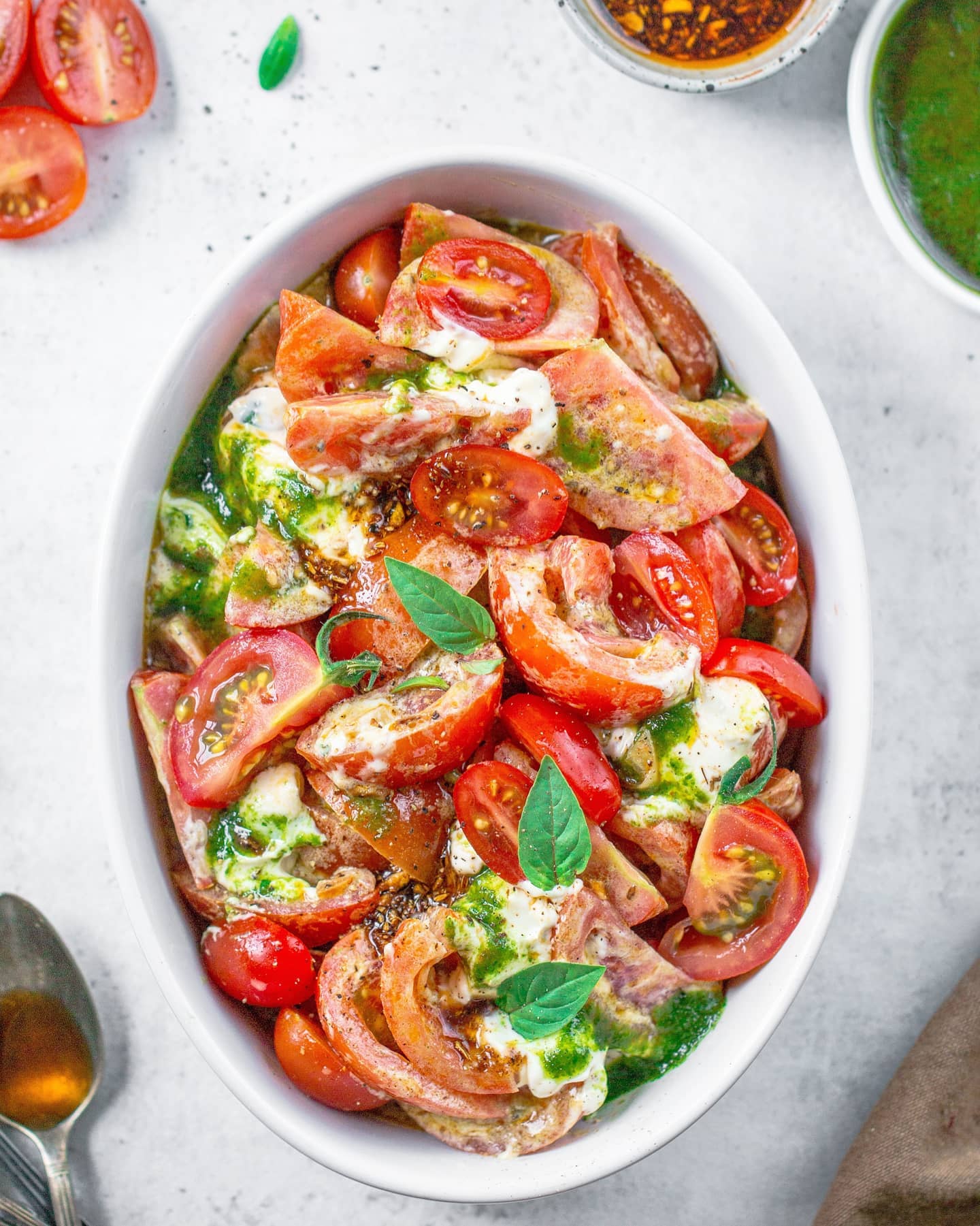 Heirloom Tomato Salad with Infused Oil and Green Chutney Dressing