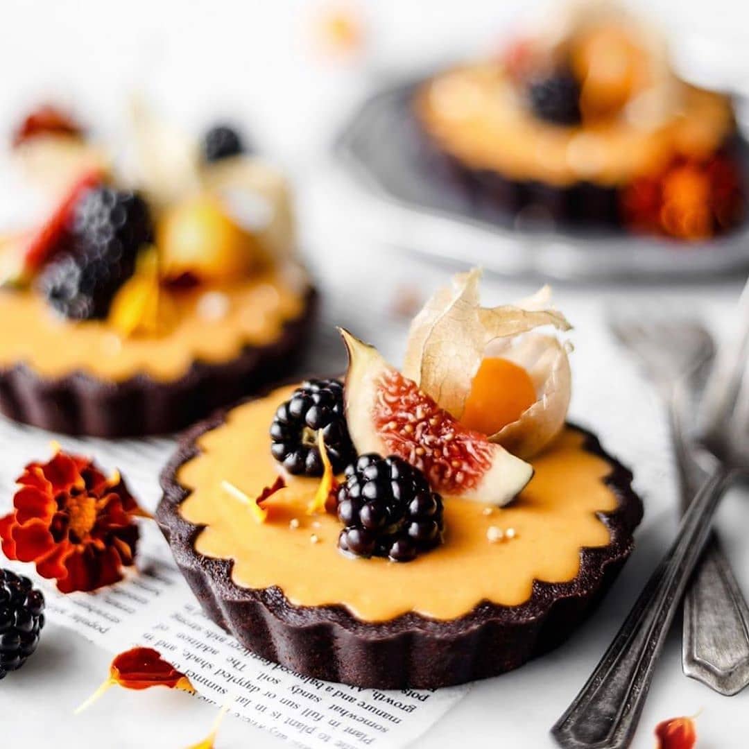 Pumpkin Pie Tartlets with Chocolate-Almond Crust