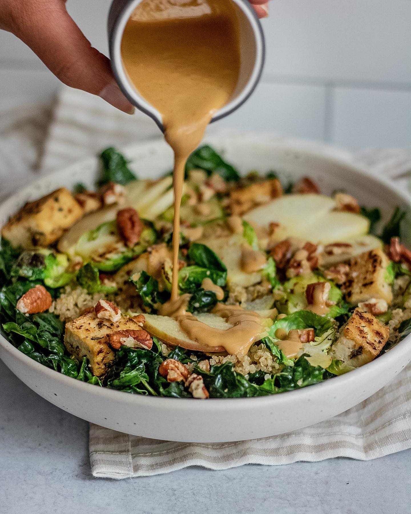 Chopped Kale Salad with Pan Seared Tofu and Miso Ginger Tahini Dressing 🥗