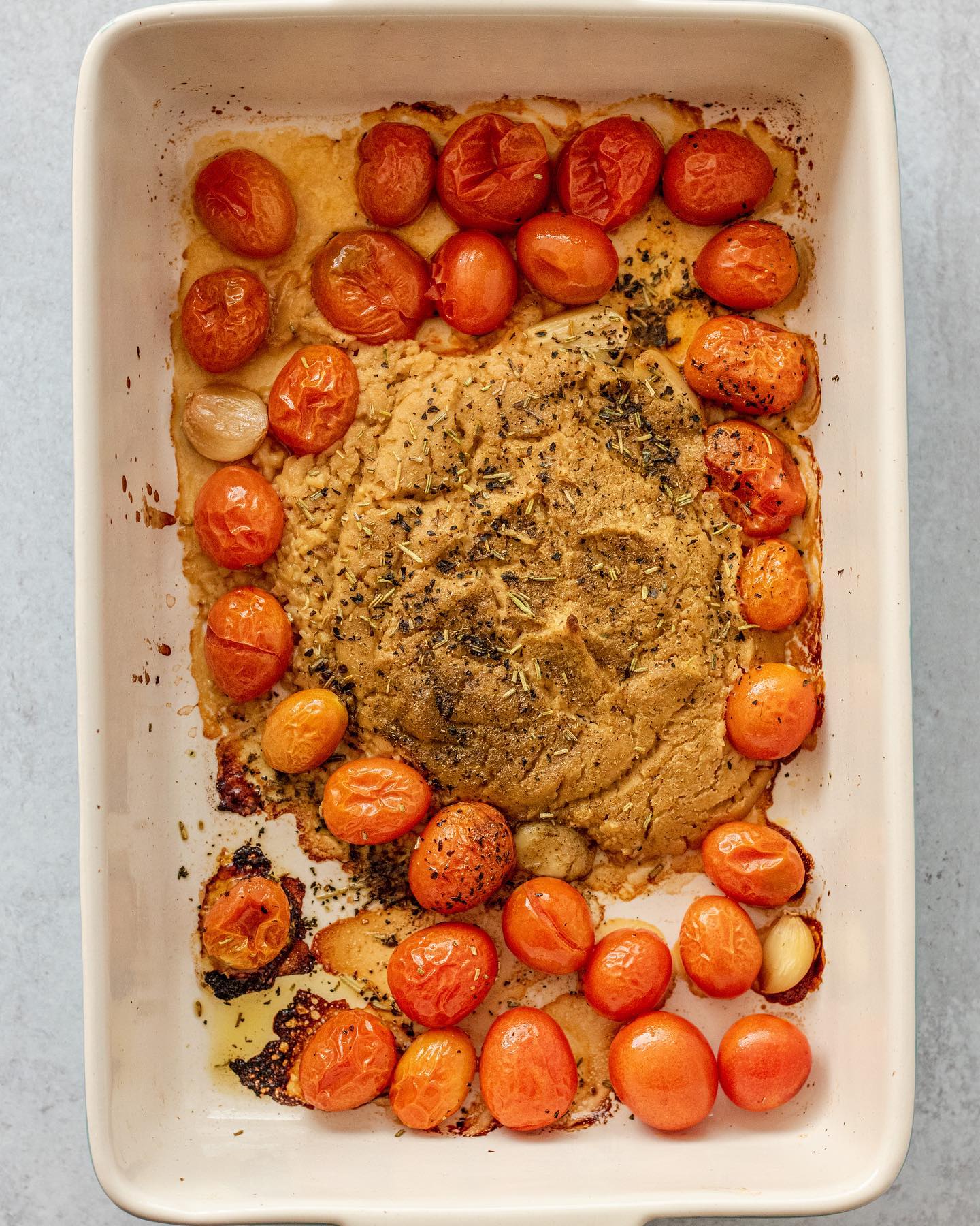 Baked Hummus Pasta with Blistered Cherry Tomatoes
