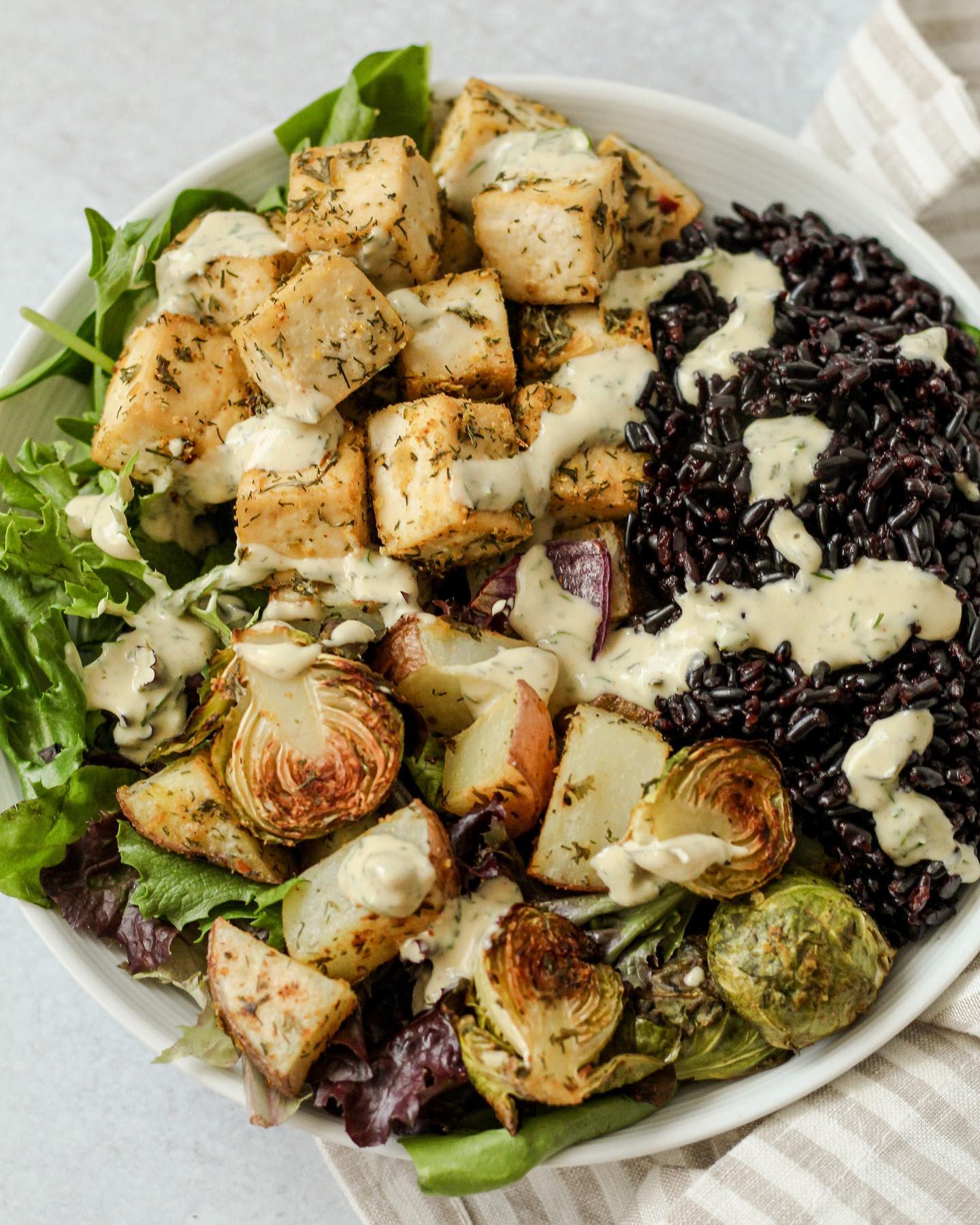 Tahini Ranch Tofu Sheet Pan with Roasted Veggies