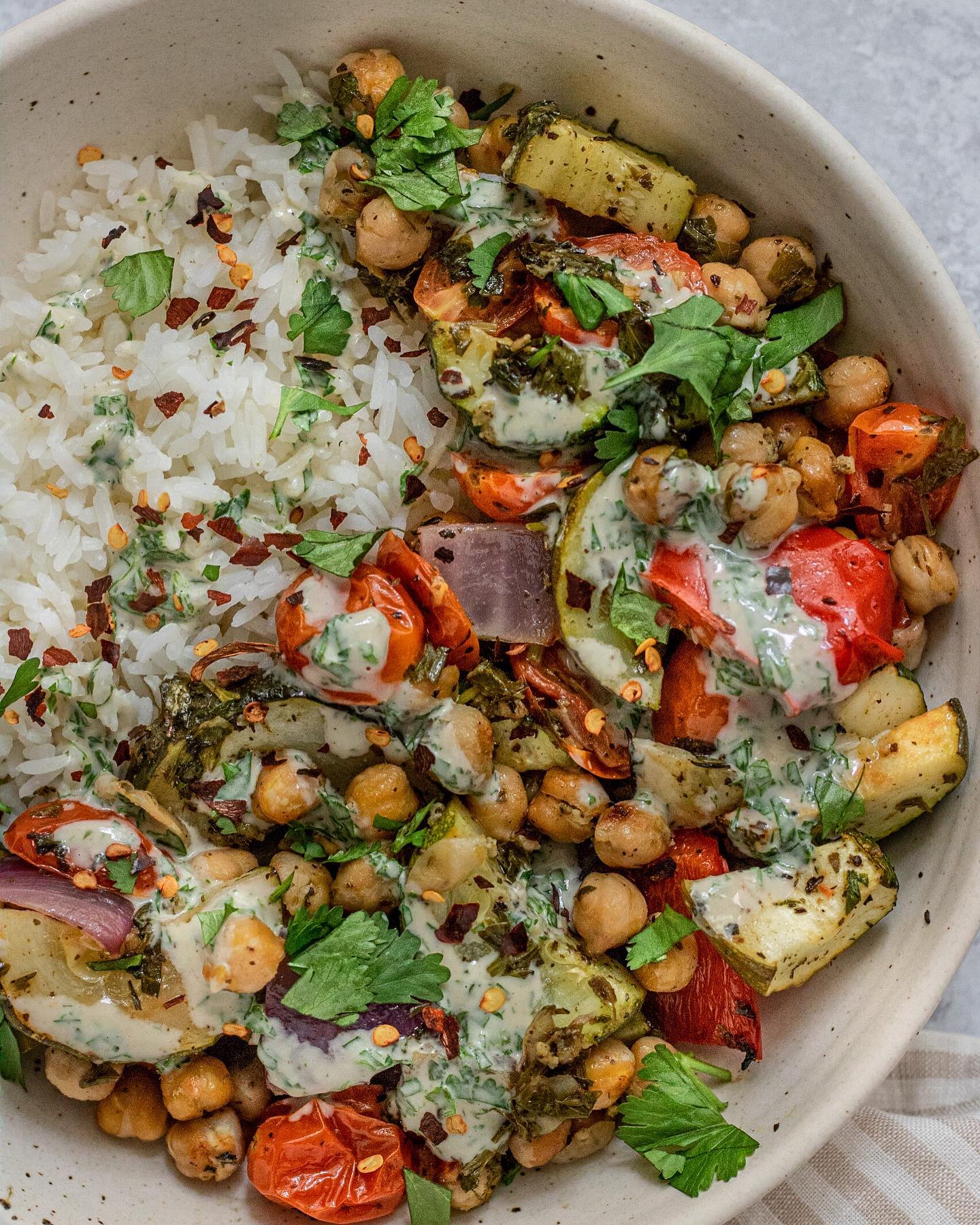 Garlic Herb Sheet Pan with Herby Tahini Dressing