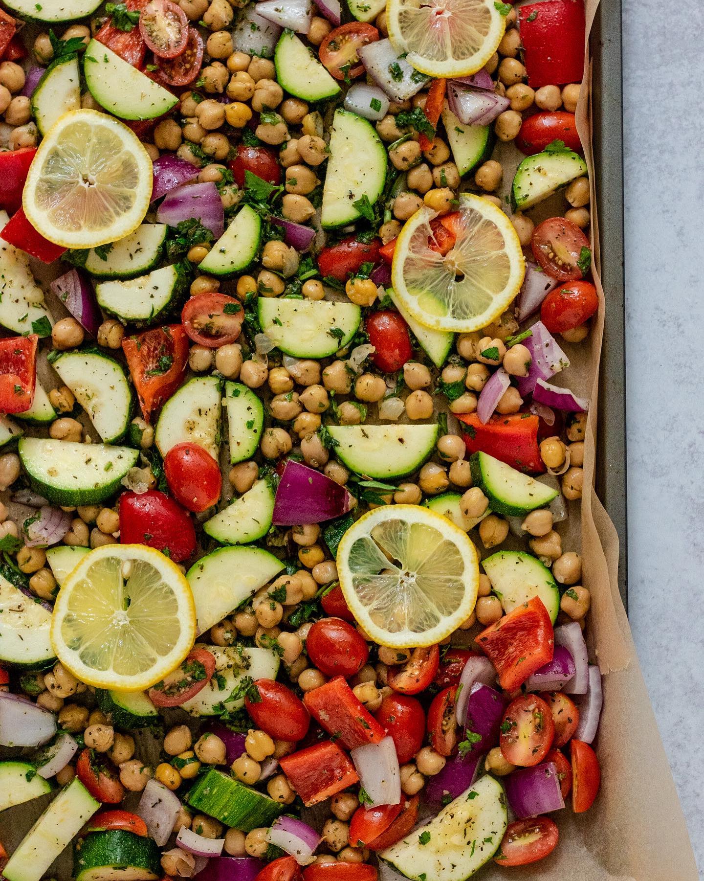 Garlic Herb Sheet Pan with Herby Tahini Dressing