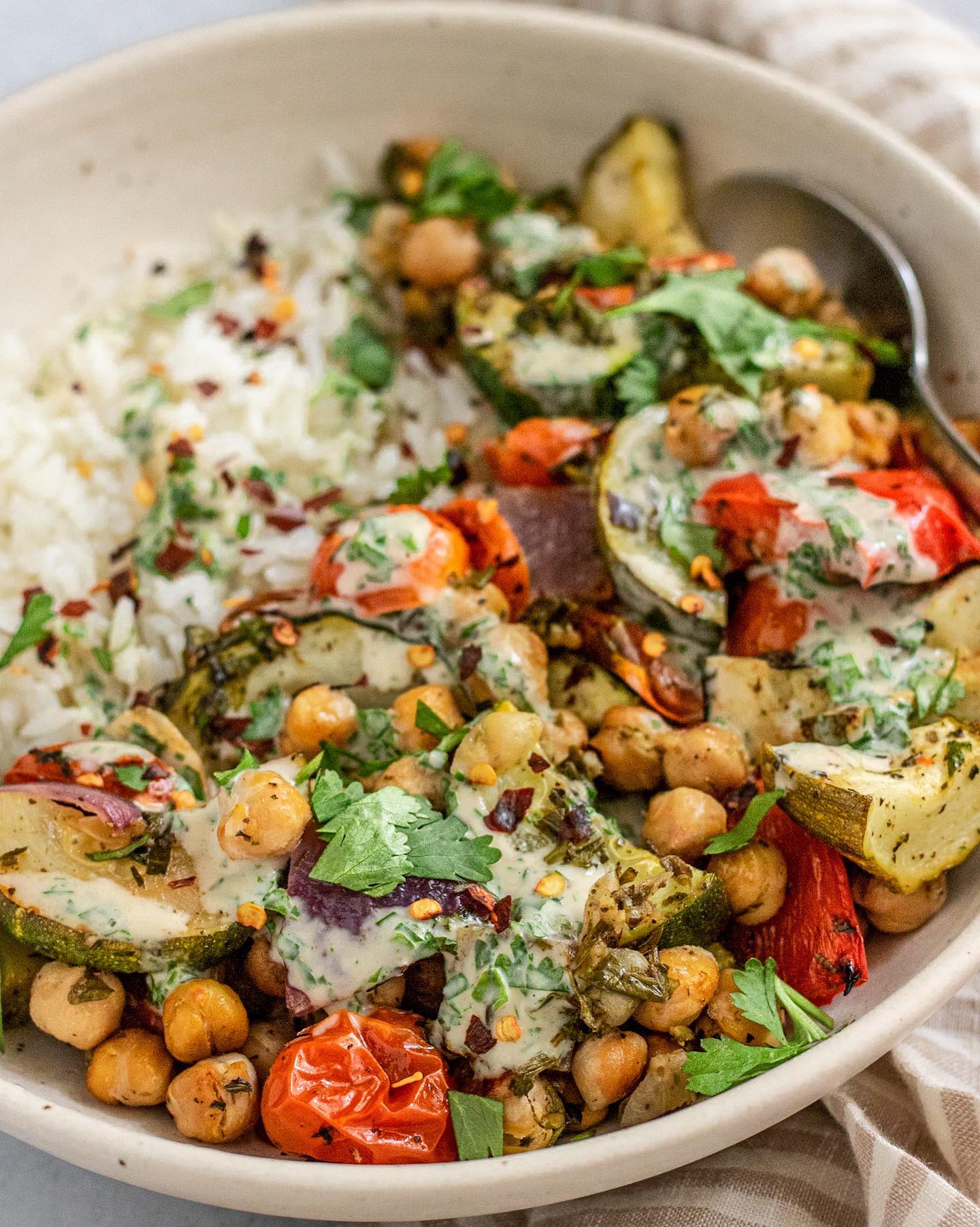 Garlic Herb Sheet Pan with Herby Tahini Dressing