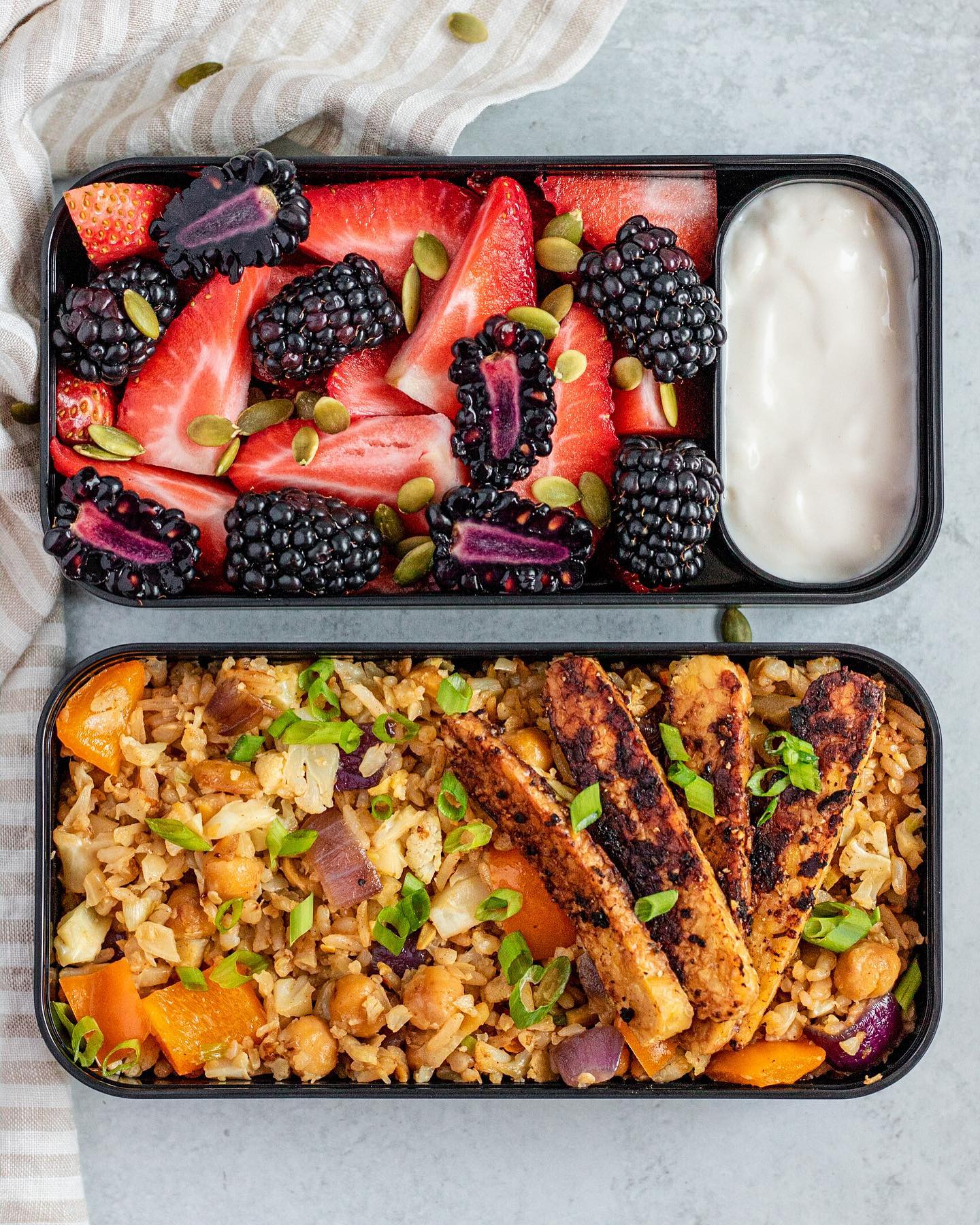 Vegan Cauliflower Fried Rice with Tempeh and Fruit Salad