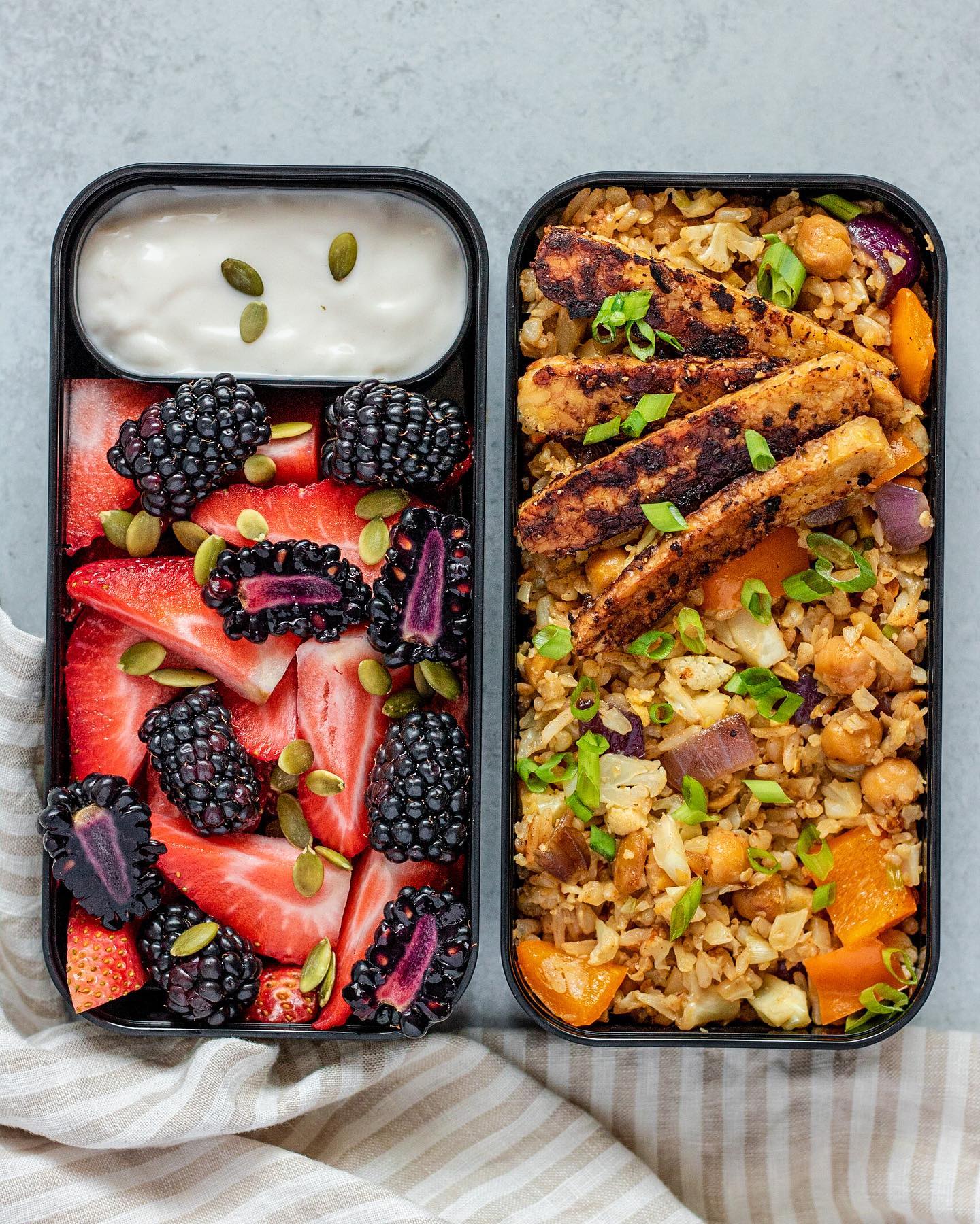 Vegan Cauliflower Fried Rice with Tempeh and Fruit Salad