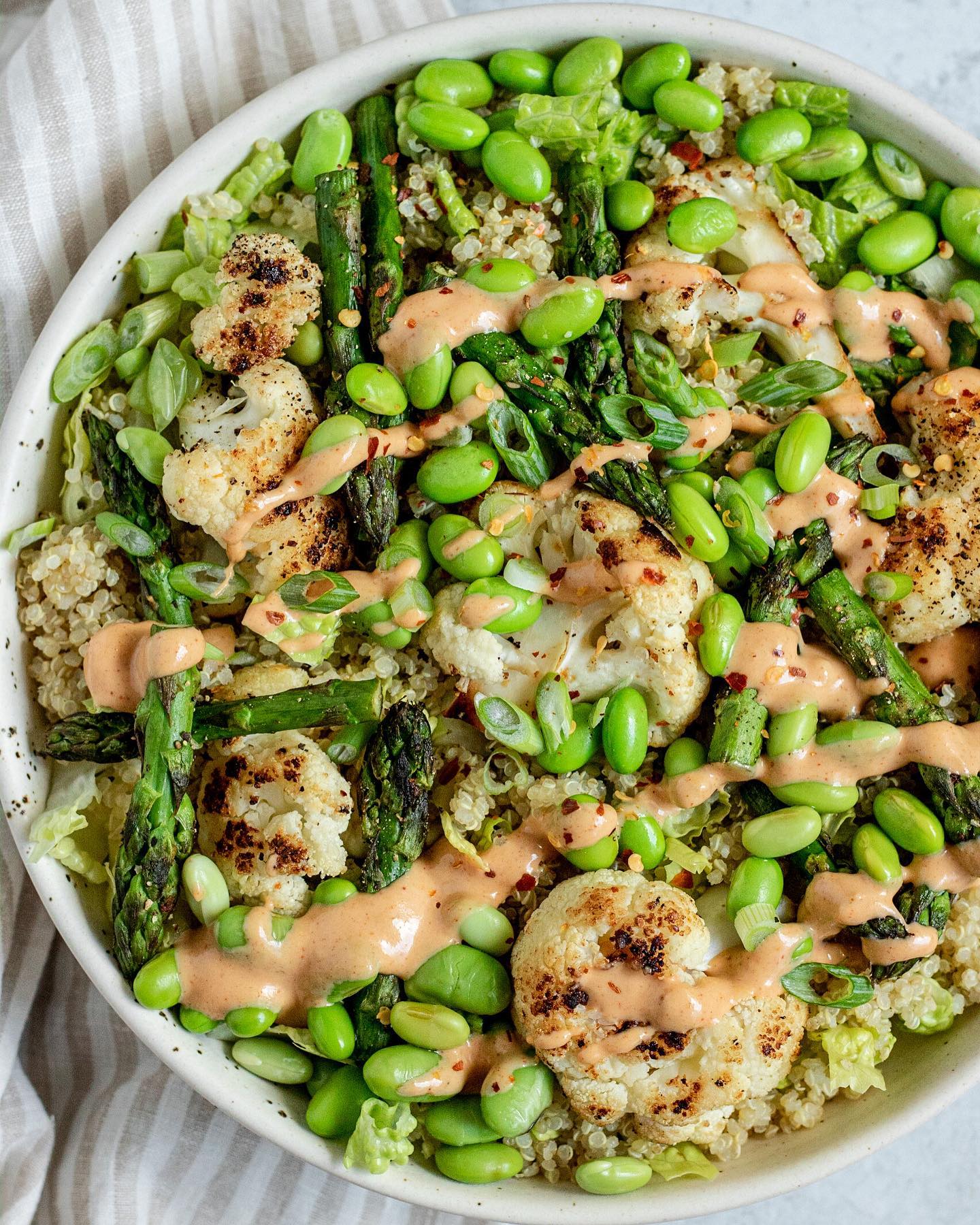 Blissful Cauliflower Quinoa Salad with Sriracha Ginger Tahini Sauce