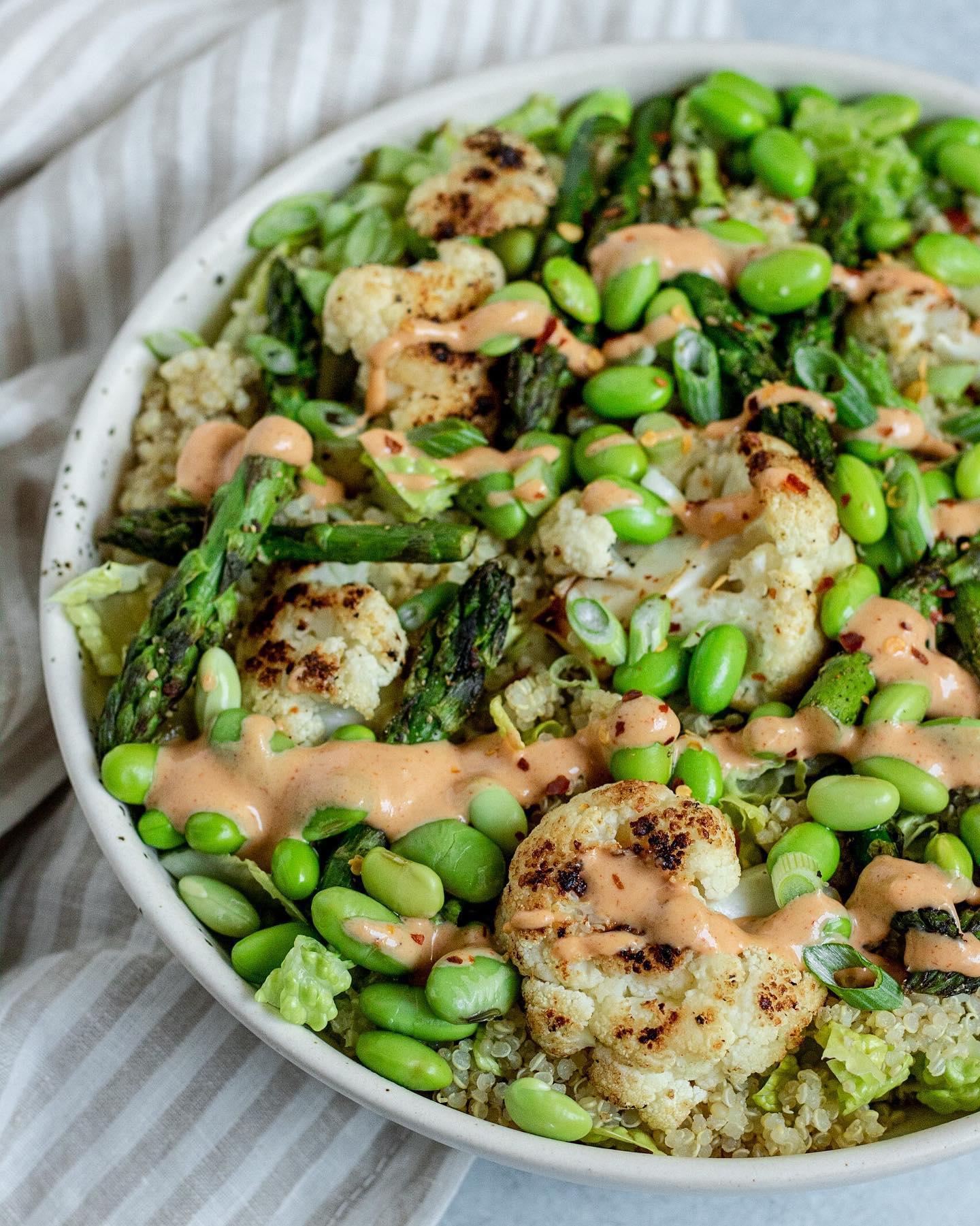 Blissful Cauliflower Quinoa Salad with Sriracha Ginger Tahini Sauce