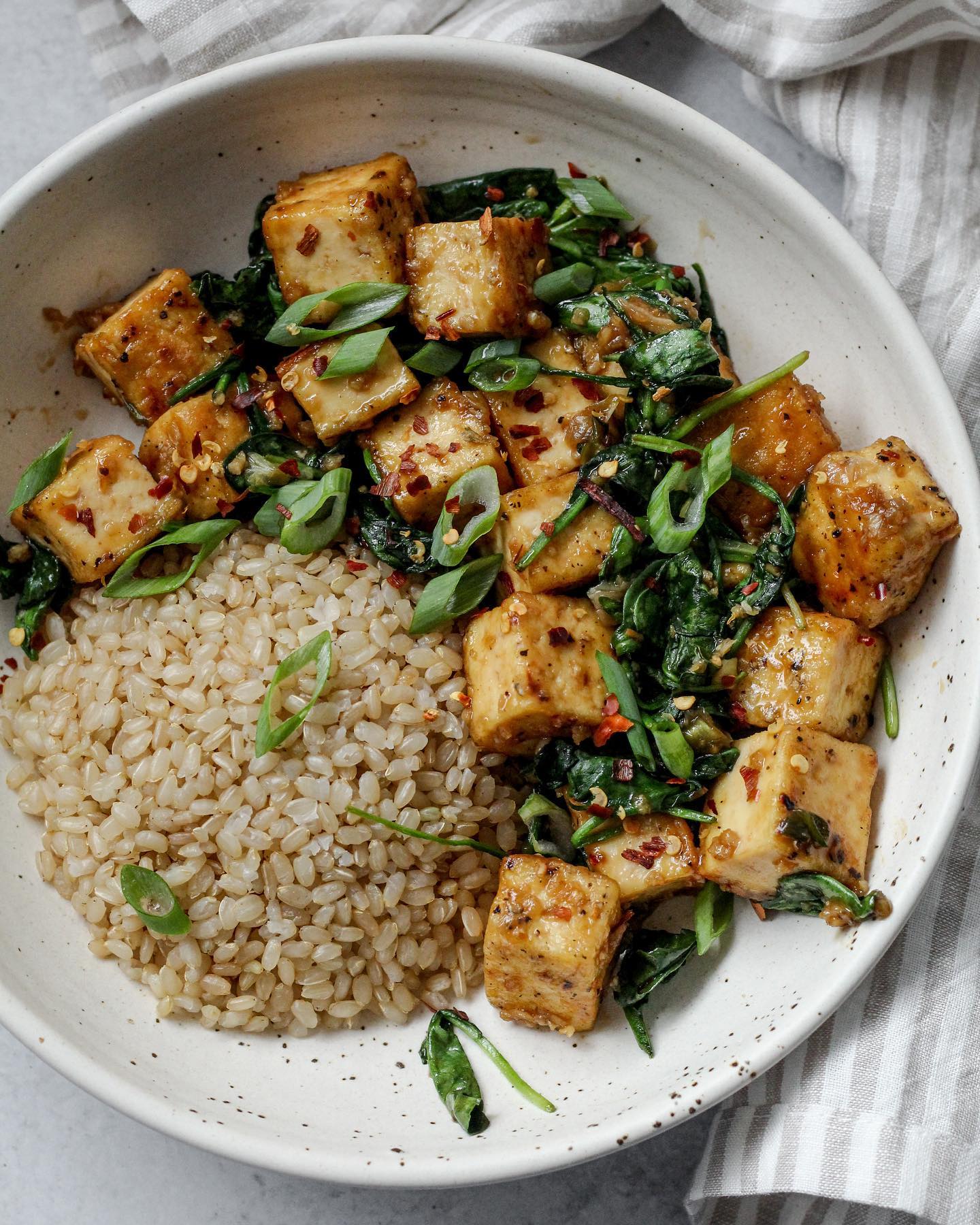 Flavorful Garlic "Honey" Tofu with Spinach and Rice