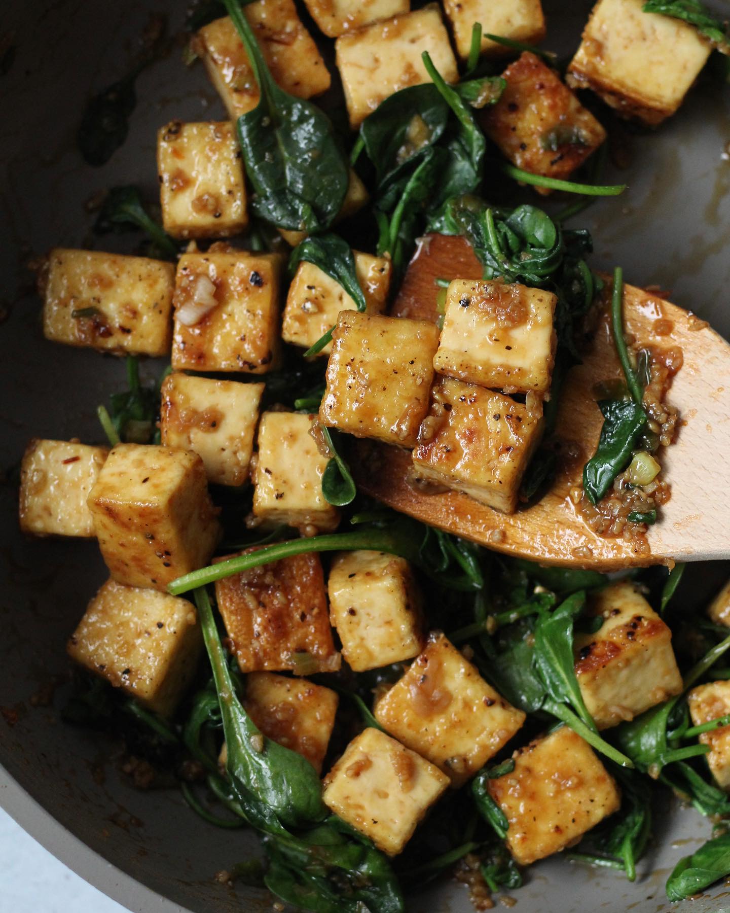 Flavorful Garlic "Honey" Tofu with Spinach and Rice