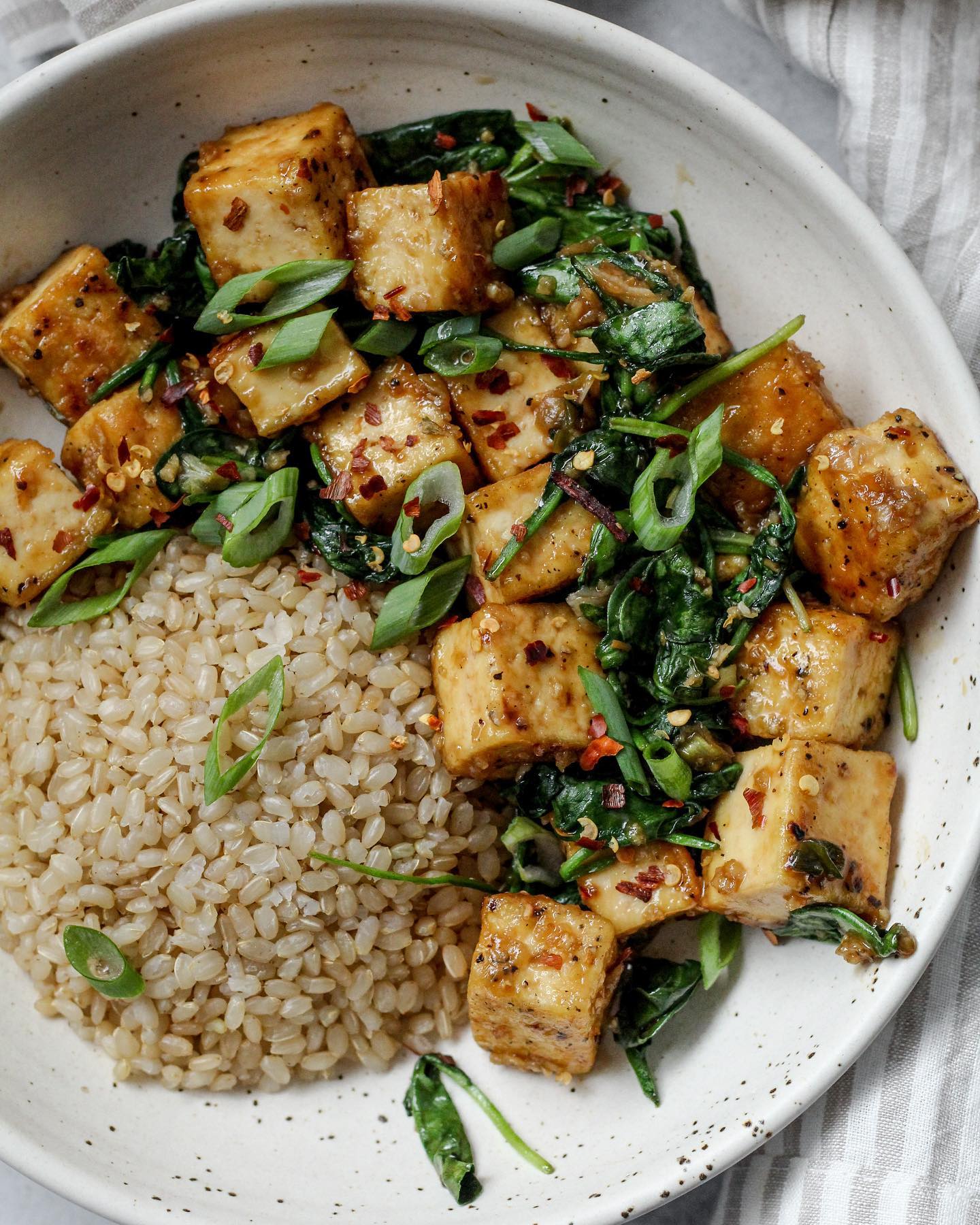 Flavorful Garlic "Honey" Tofu with Spinach and Rice