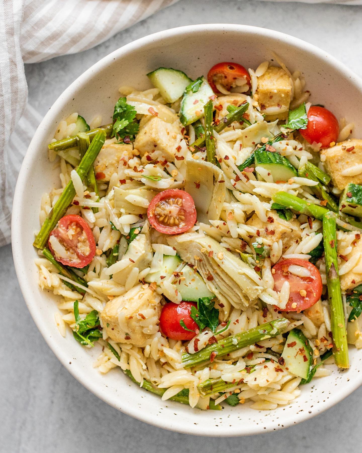 Roasted Garlic Orzo Salad with Artichoke Hearts and Asparagus