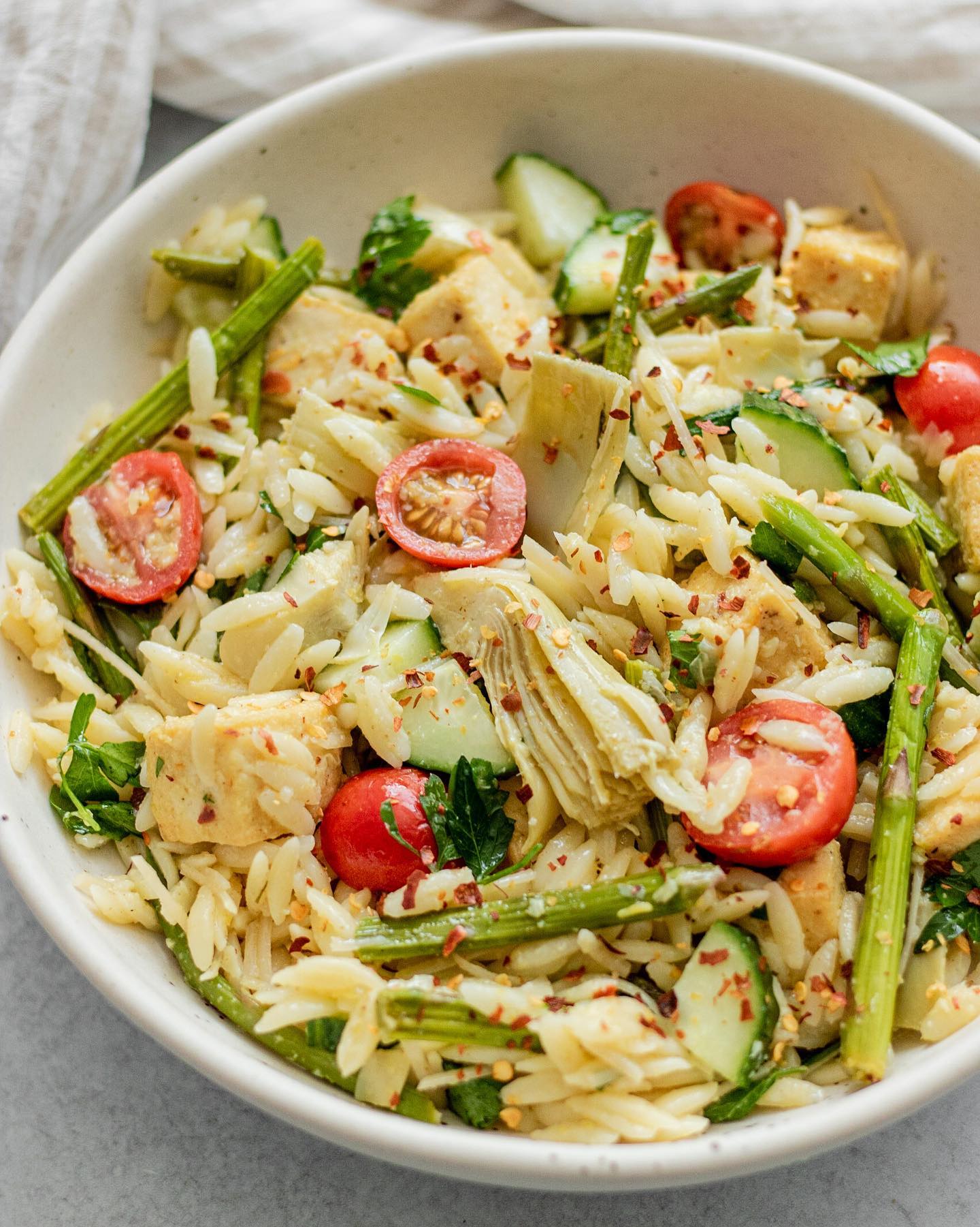 Roasted Garlic Orzo Salad with Artichoke Hearts and Asparagus