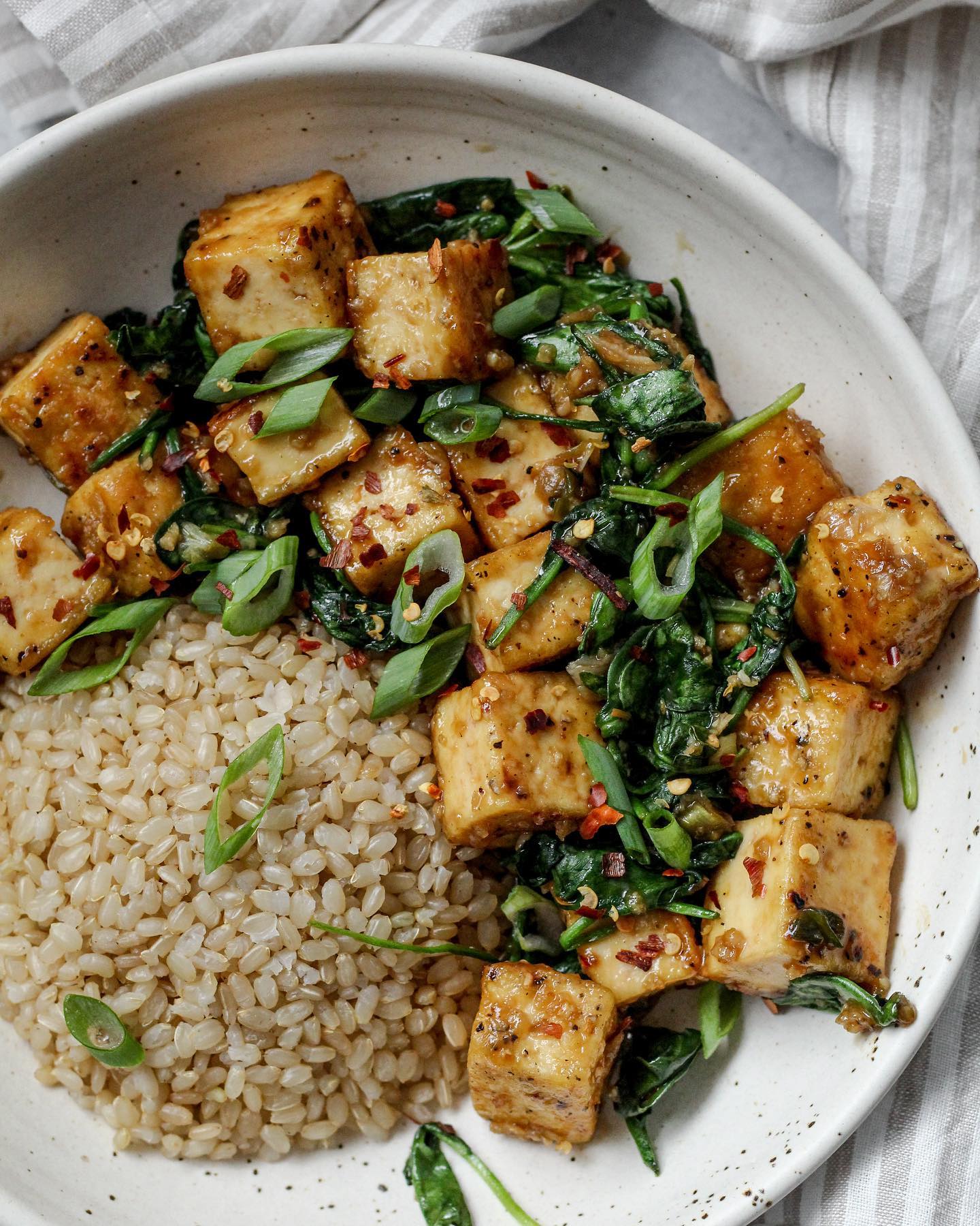 Garlic "Honey" Tofu with Spinach