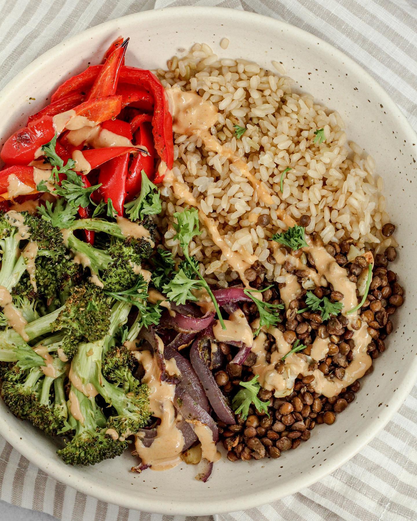 Herby Lentil Veggie Sheet Pan with Spicy Tahini Sauce