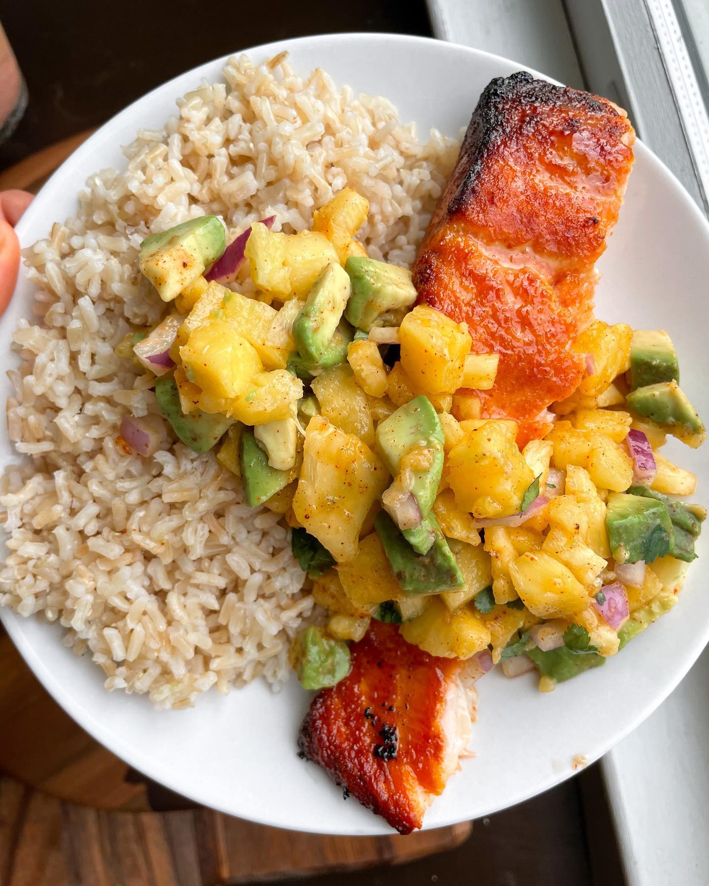 Air Fryer Honey Sriracha Salmon with Pineapple Avocado Topping