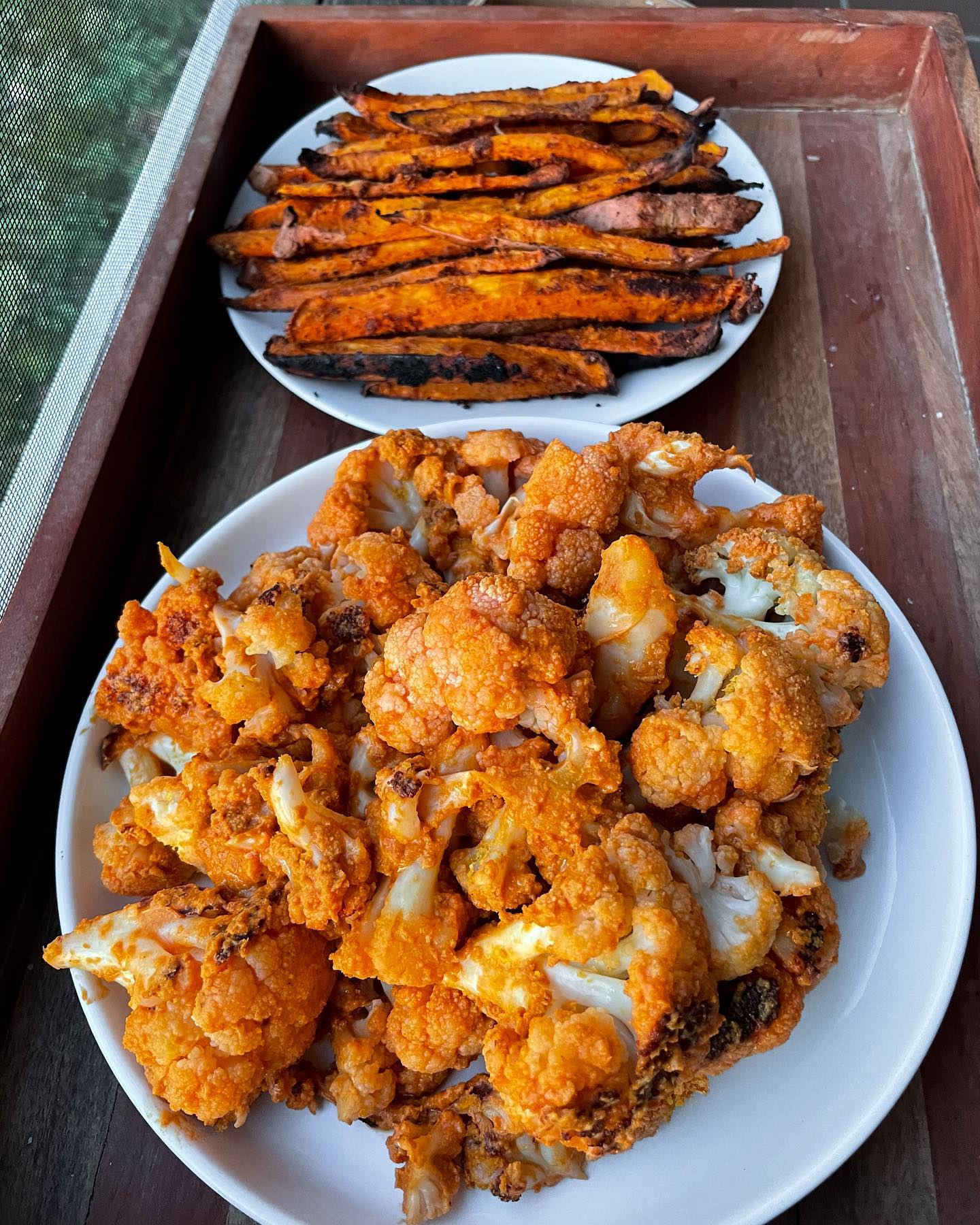 Spicy Sweet Potato Fries, Buffalo Cauliflower, and Chicken Salad