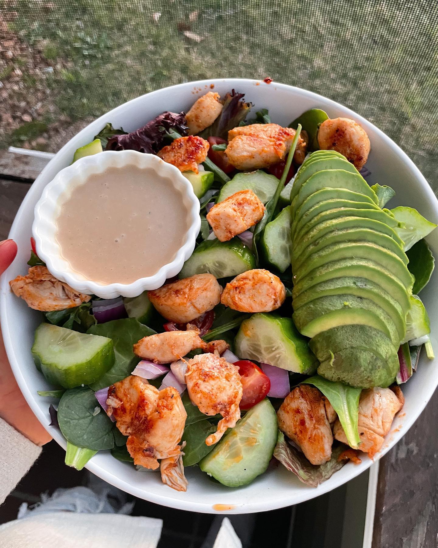 Spicy Sweet Potato Fries, Buffalo Cauliflower, and Chicken Salad