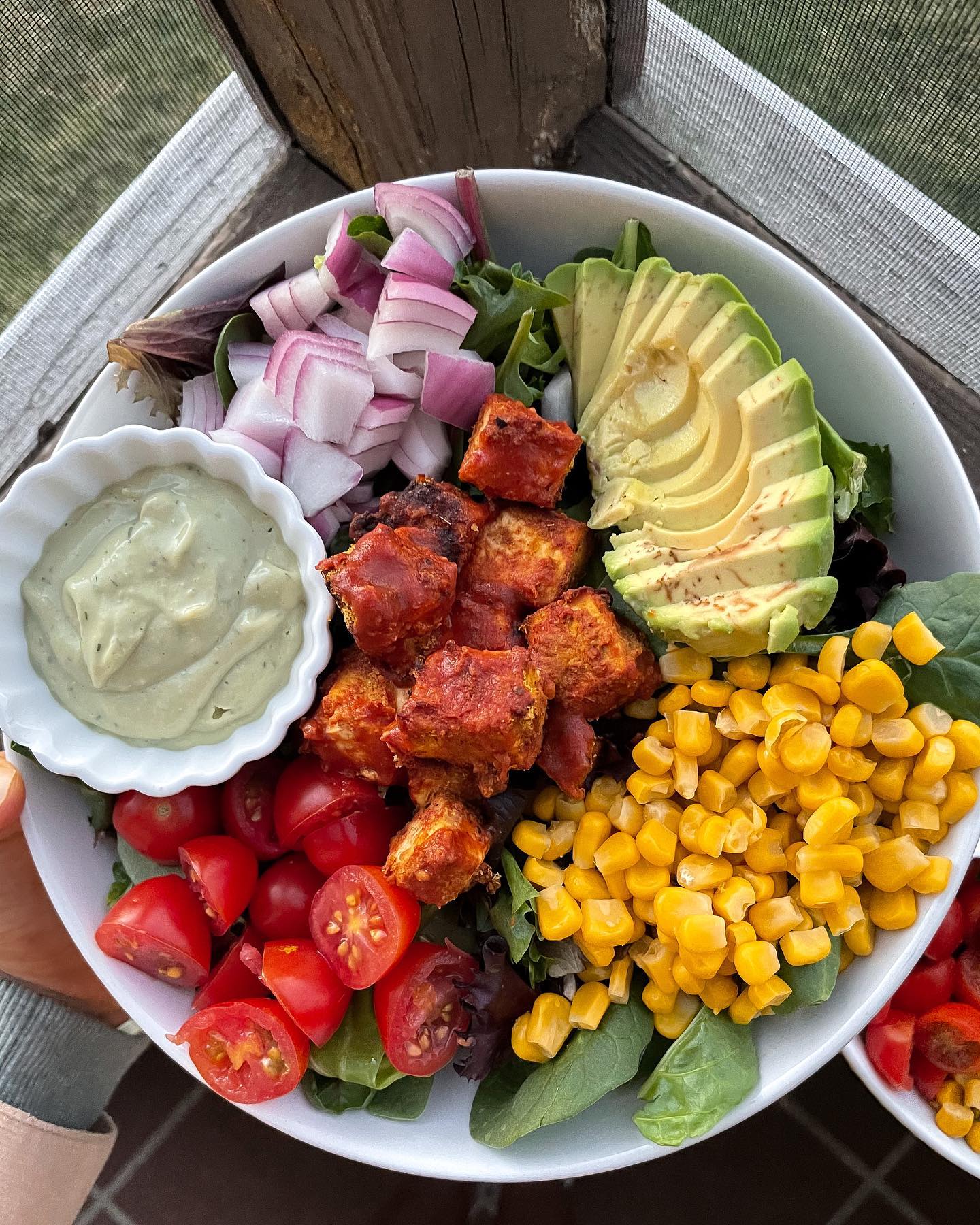 Bbq Tofu Salad with Avocado Tahini Dressing