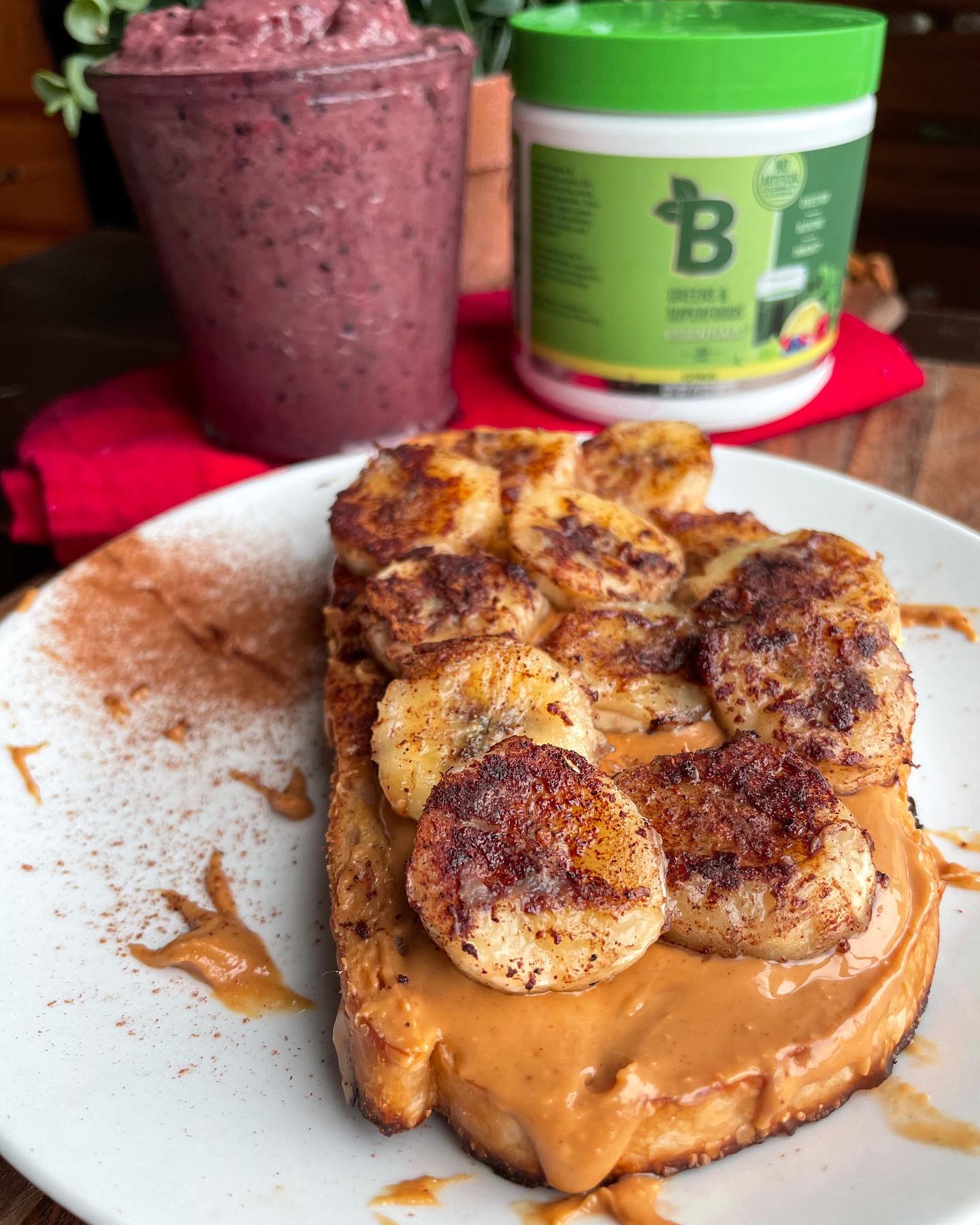 Peanut Butter Toast and Green Smoothie Breakfast