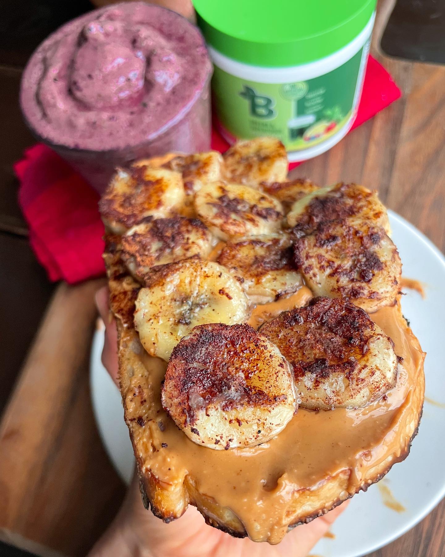Peanut Butter Toast and Green Smoothie Breakfast