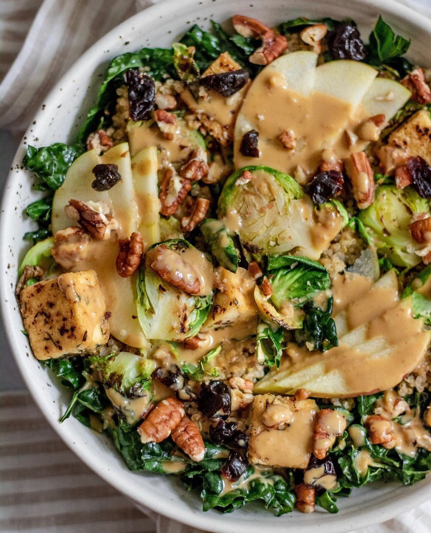 Chopped Kale Salad with Pan-Seared Tofu and Miso Ginger Tahini Dressing