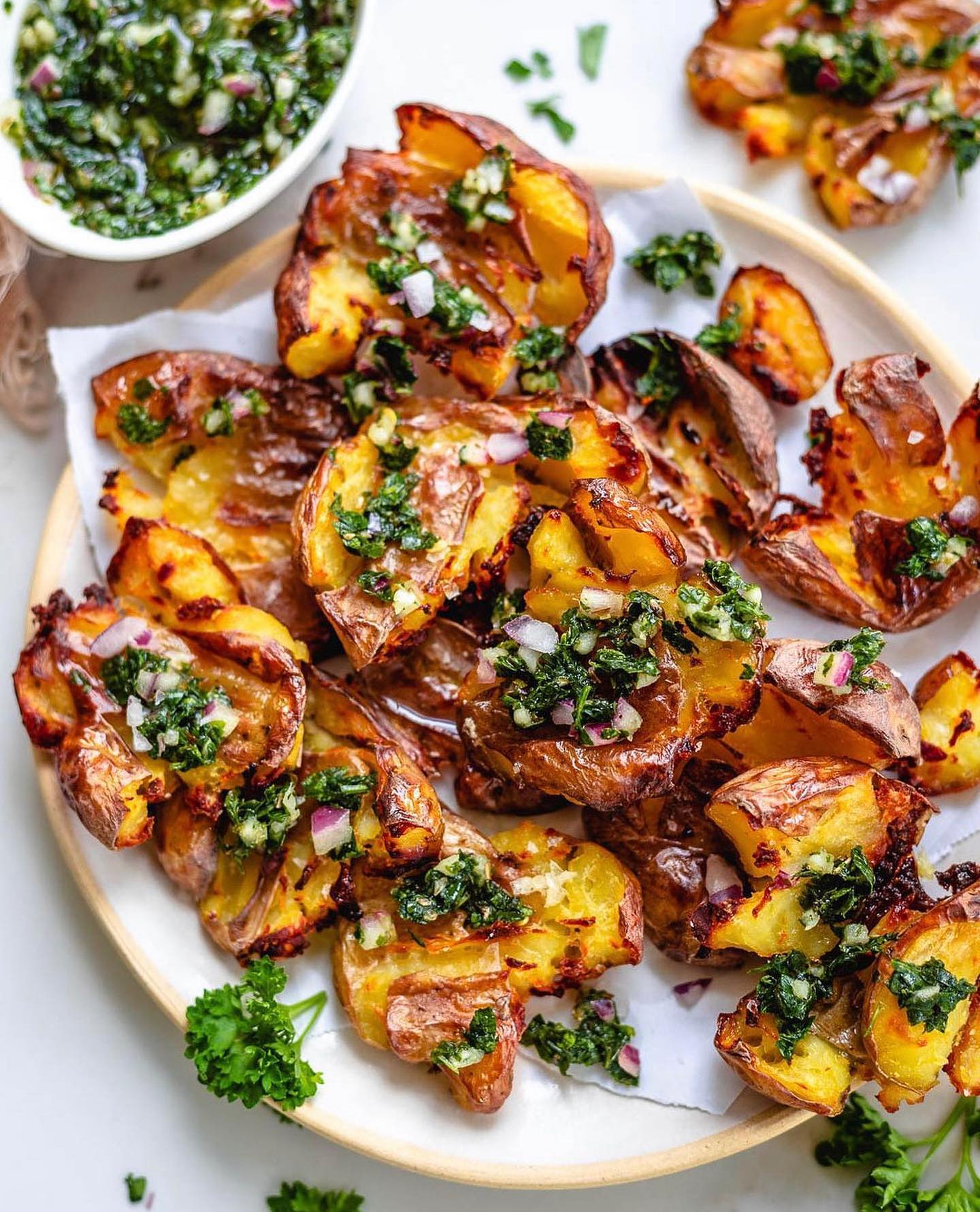 Crispy Smashed Potatoes with Chimichurri Sauce