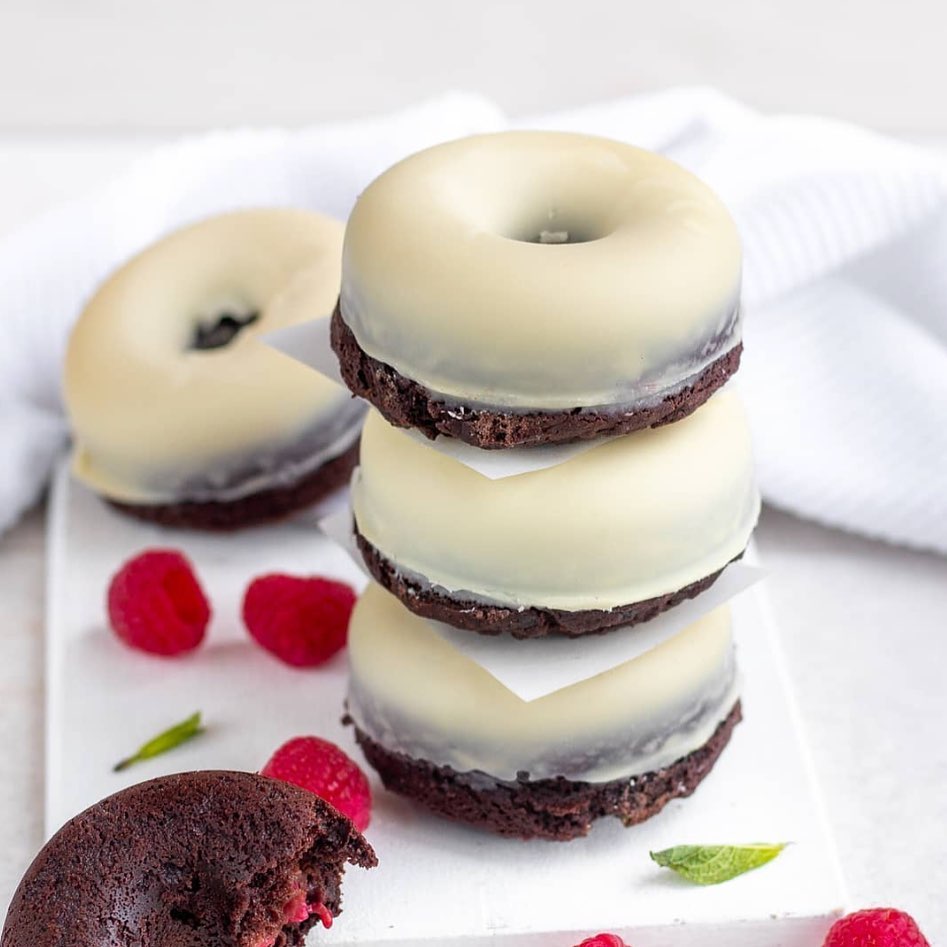 Baked Double Chocolate Donuts with Raspberries