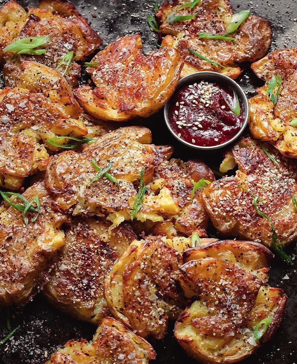 Smashed Sesame Potatoes with Gochujang Dipping Sauce