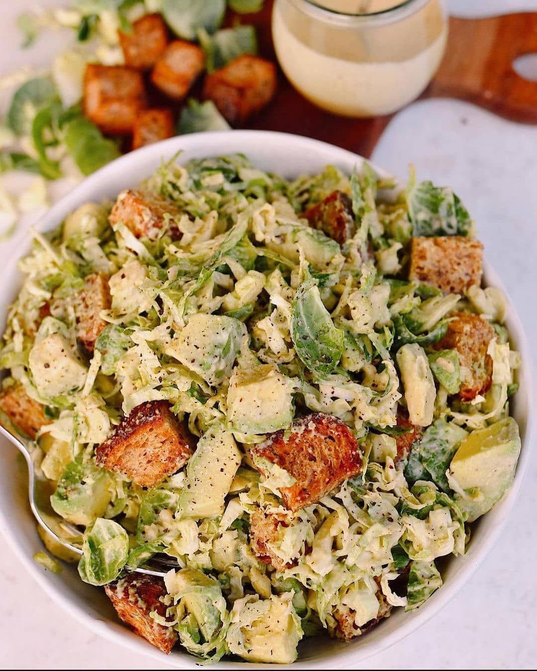 Vegan Caesar Brussels Sprout Salad with Crispy Croutons