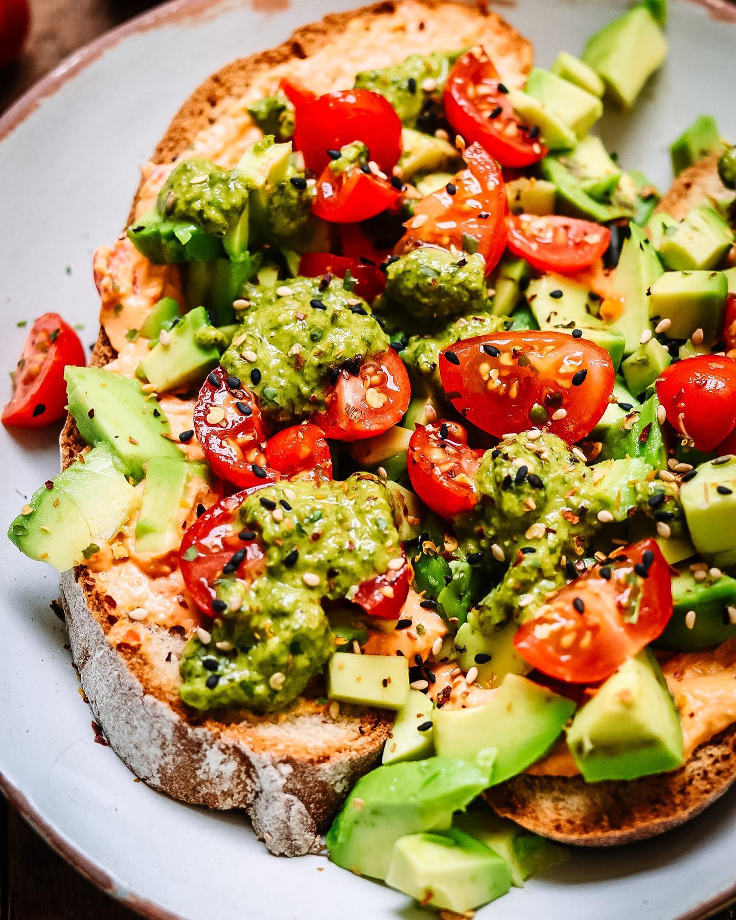 Avocado Toast with Roasted Red Pepper Hummus and Chimichurri