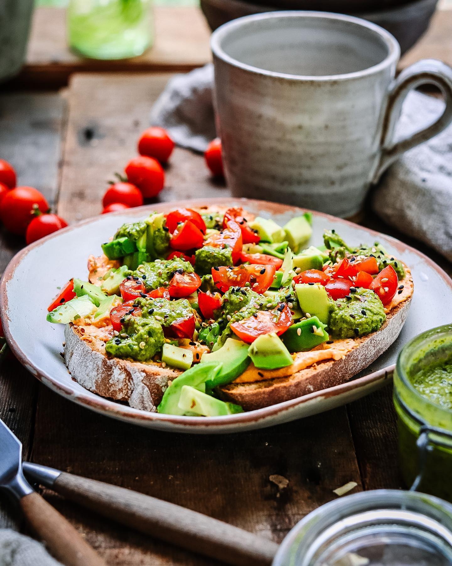 Avocado Toast with Roasted Red Pepper Hummus and Chimichurri