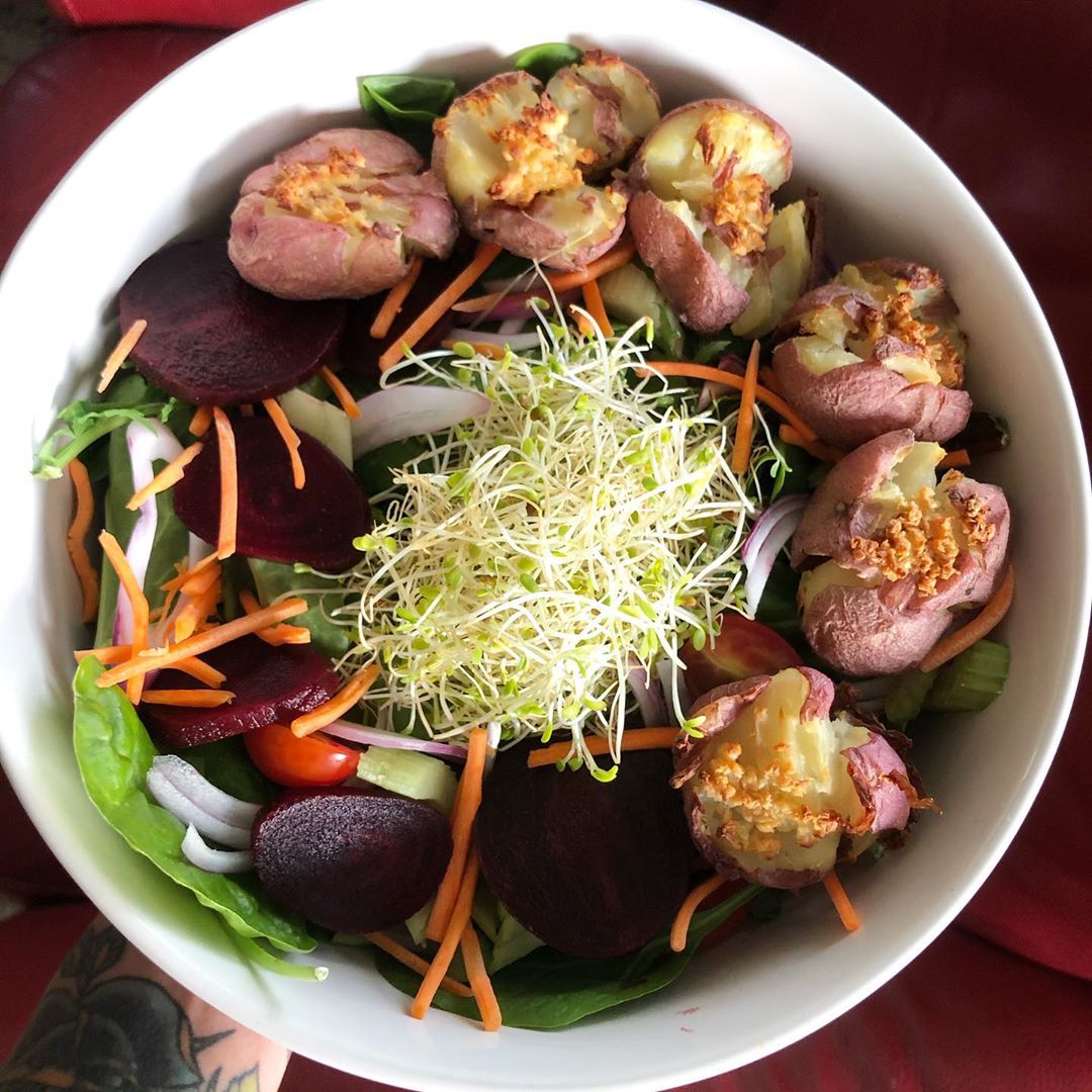 Smashed Potatoes & Salad